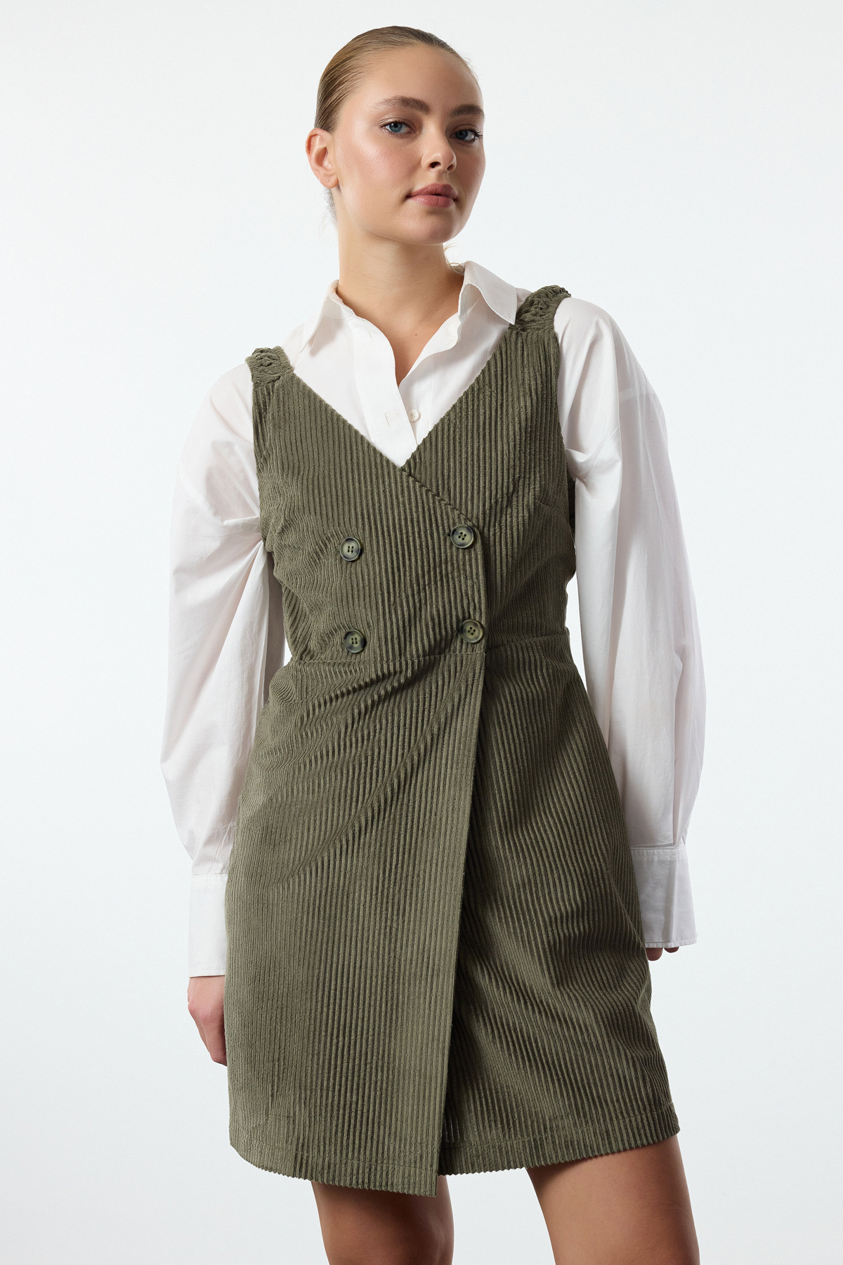 Trendyol Collection-Khaki pántos Gilet bársony mini szőtt ruha TWOAW25EL00374 2