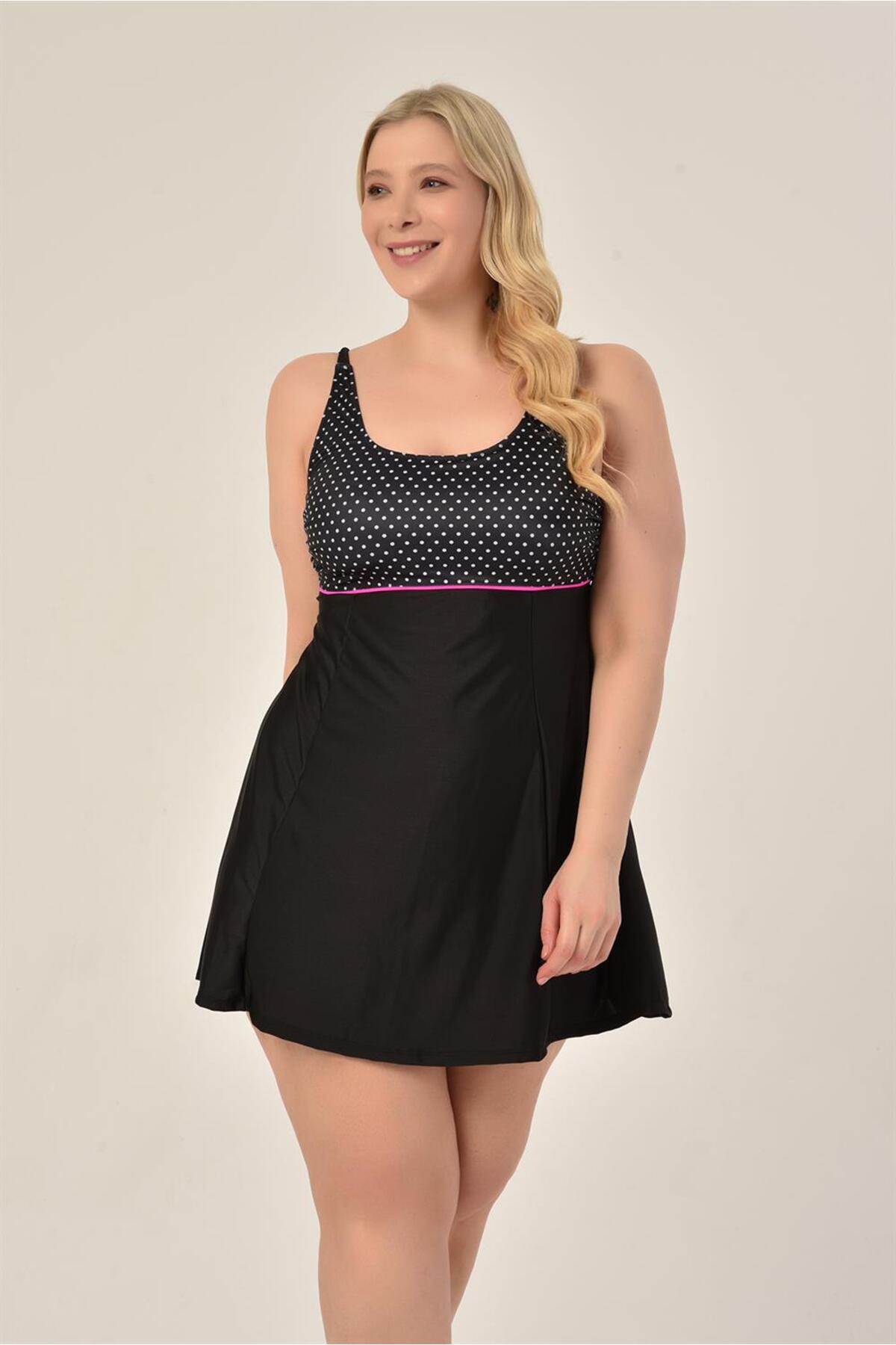 Aquaviva Women's Plus Size Black Polka Dot Wrap Intermediate Adjustable Strap Stylish Dress Swimwear