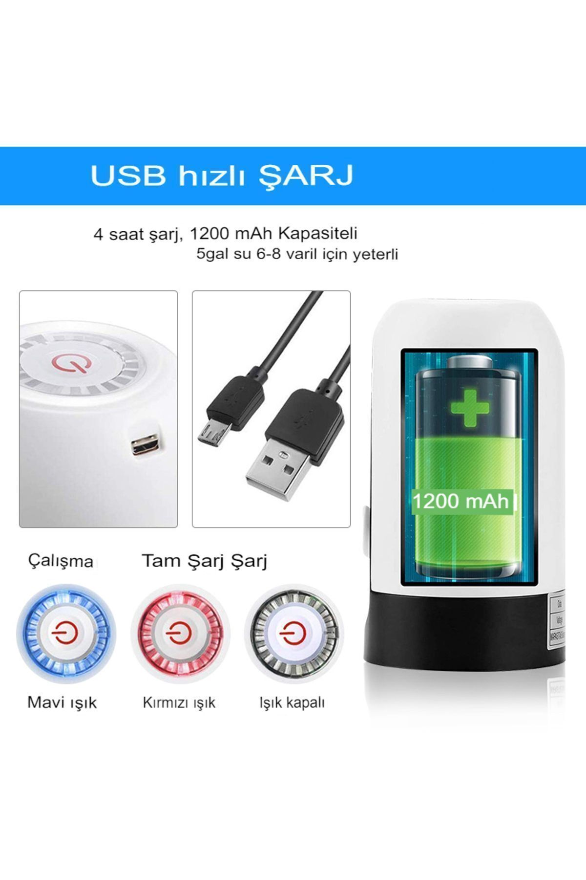 Damacana Su Pompası Ve Şarj Kablosu Şarjlı Otomatik Şarjlı Su Sebili Usb
