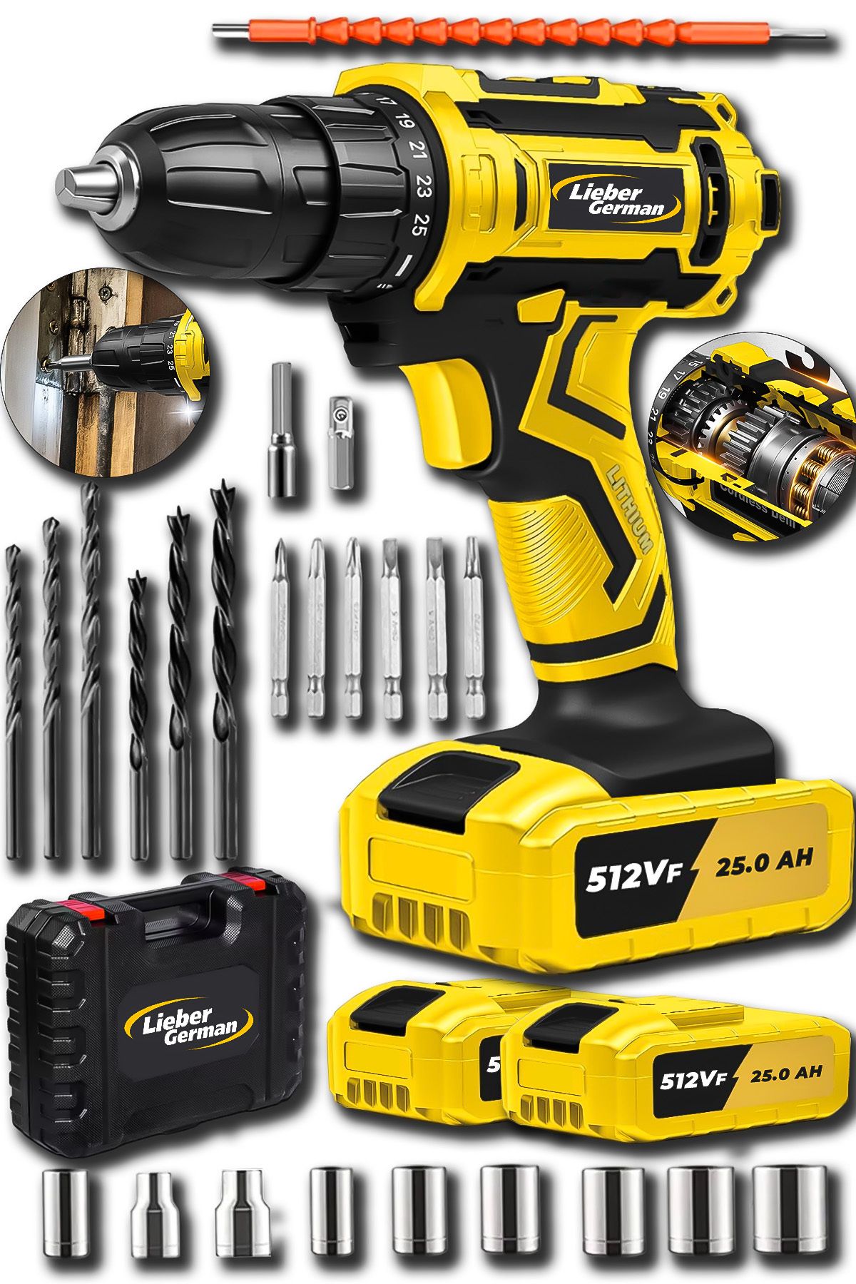 Lieber German Teknoloji Darbeli X-titan Motor 27 Pcs Setli Çelik Şanjuman 2x Akülü Şarjlı Akülü Vidalama Matkap