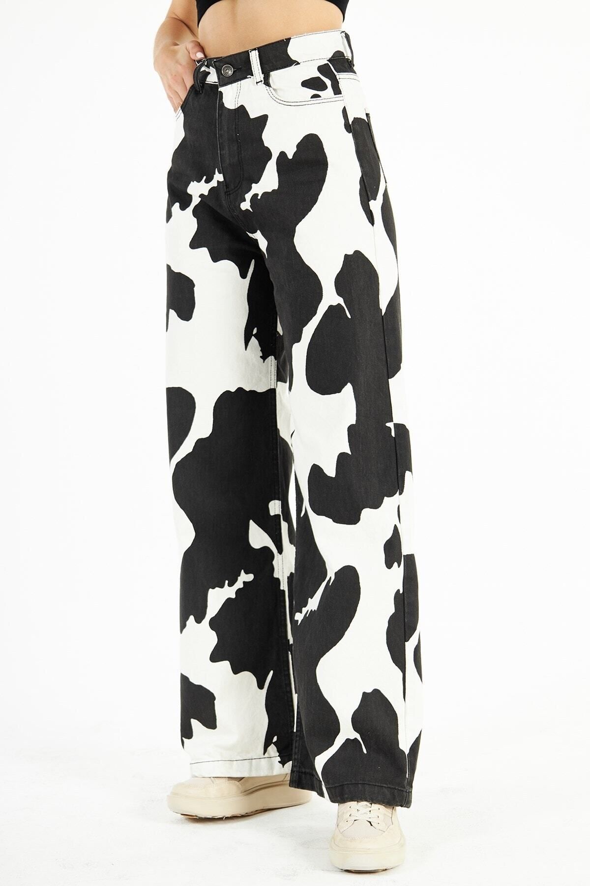 PodiumStar  Kadın Yüksek Bel Milka Inek Desenli Bol Kesim Bol Paça Palazzo Wide Leg Kot Pantolon