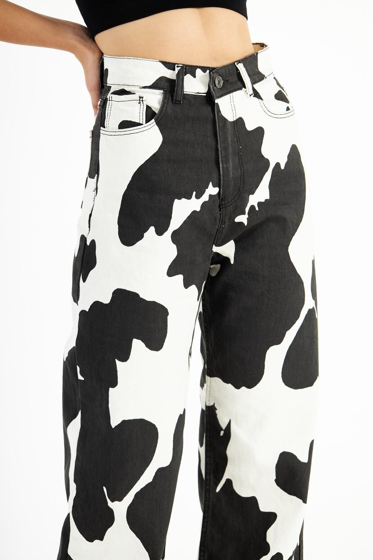 PodiumStar  Kadın Yüksek Bel Milka Inek Desenli Bol Kesim Bol Paça Palazzo Wide Leg Kot Pantolon - Görsel 7