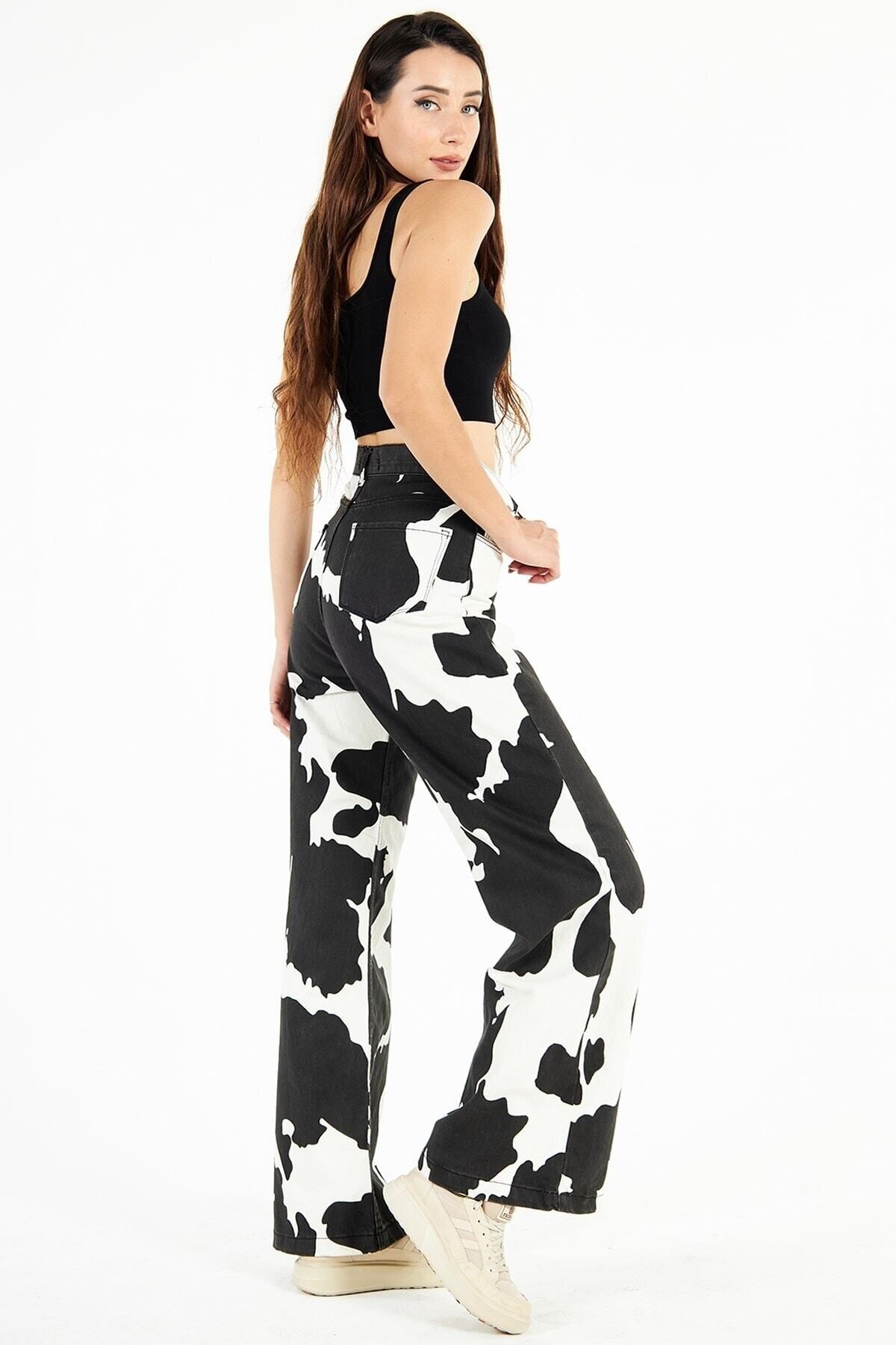 PodiumStar  Kadın Yüksek Bel Milka Inek Desenli Bol Kesim Bol Paça Palazzo Wide Leg Kot Pantolon - Görsel 6