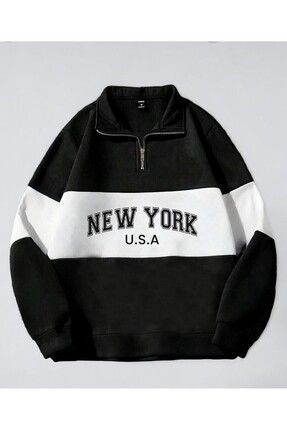 MARECASH Siyah Beyaz Ortası Tek Parçalı Newyork Usa Baskılı Yarım Fermuarlı P...