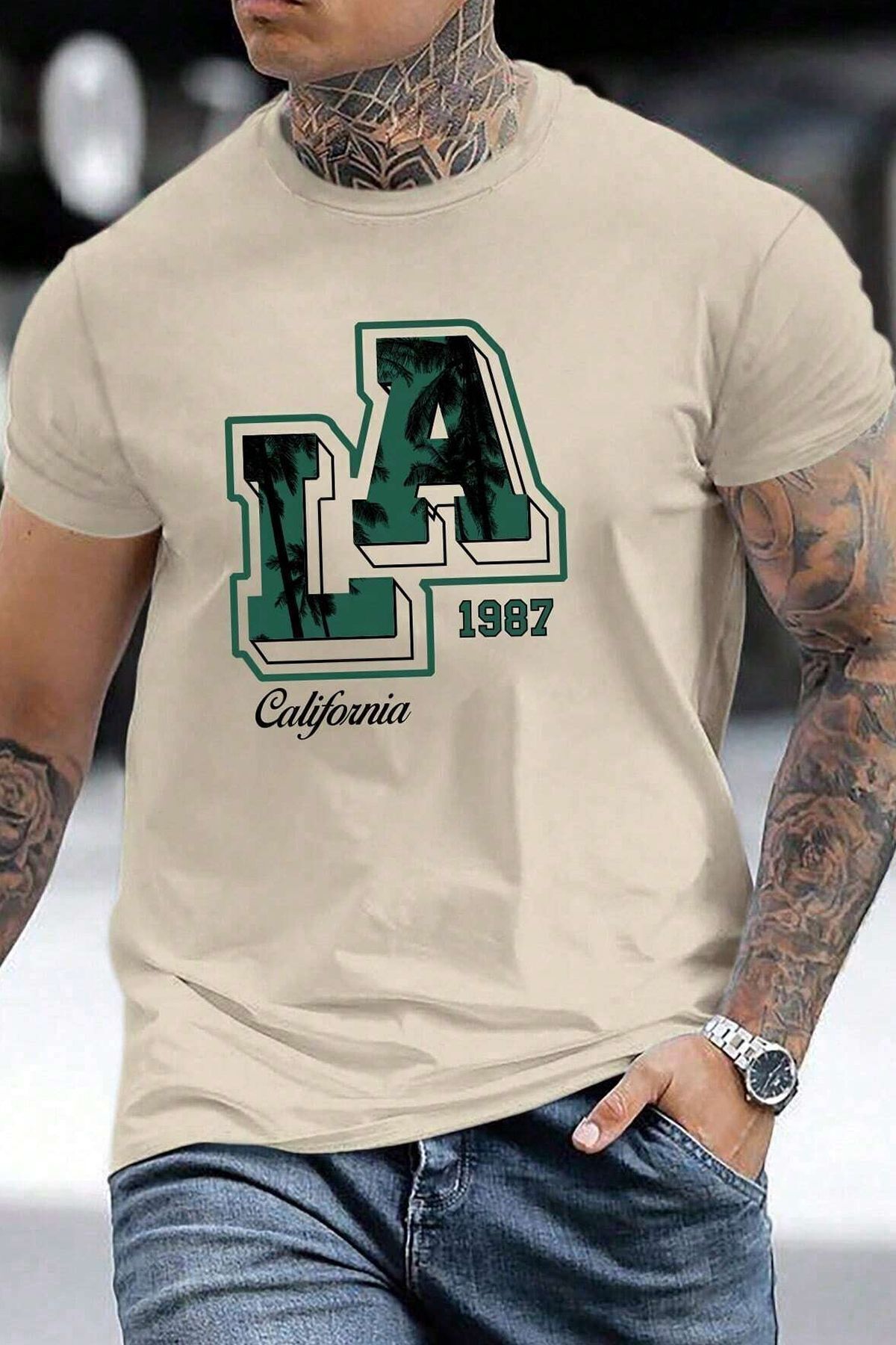 uyguntarz Bedrucktes Oversize-T-Shirt „La California 1987“ für Herren