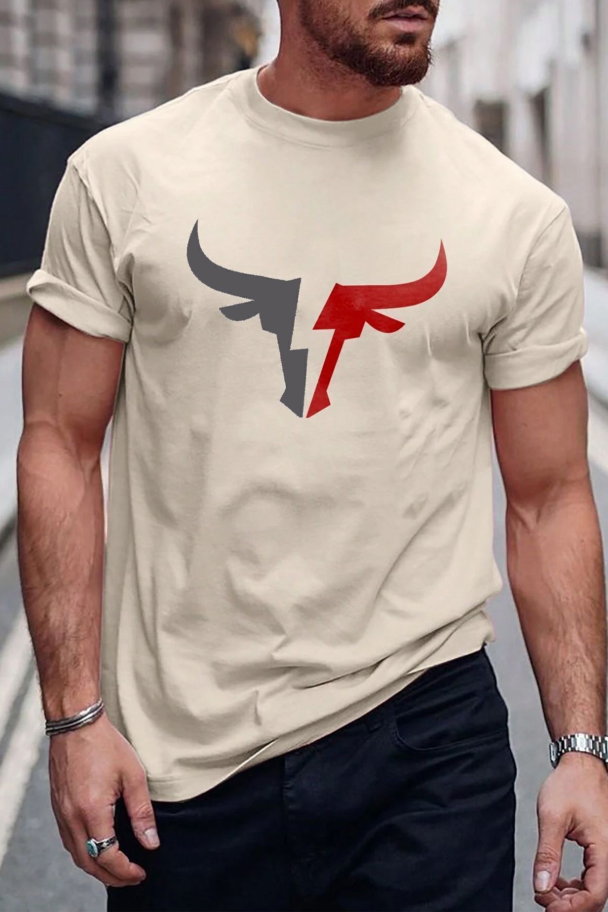uyguntarz Ανδρικό Μπλουζάκι Bull Silhouette Με Στάμπα Oversize für Adult Αρσενικό - XL