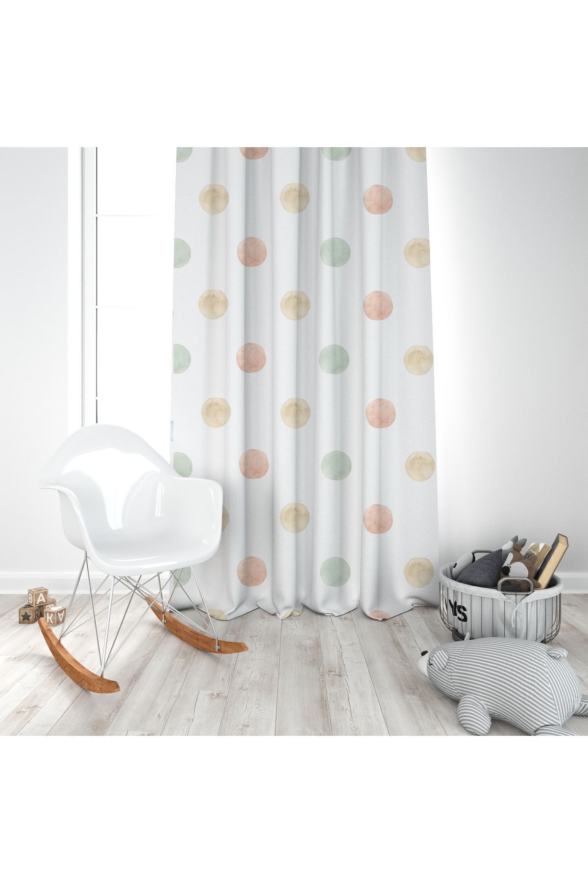 Bebemotto Soft, Renkli Yuvarlaklar, Beyaz, Yeşil, Ithal Kumaş, Çocuk Ve Bebek Odası Fon Perde - 1 Kanat fotoğrafı 2 (önizleme)