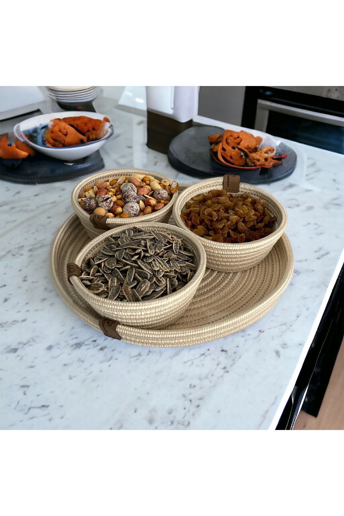 3-piece presentation snack set jute wicker presentation bowl with tray