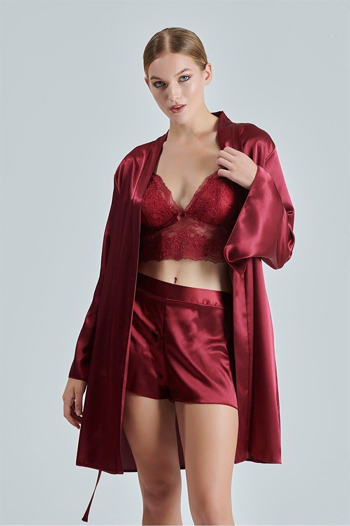 ROZELT Kadın Bordo Saten Çeyiz Seti 6 Parça Dantelli Sabahlık Gecelik Pijama Şortlu Takım