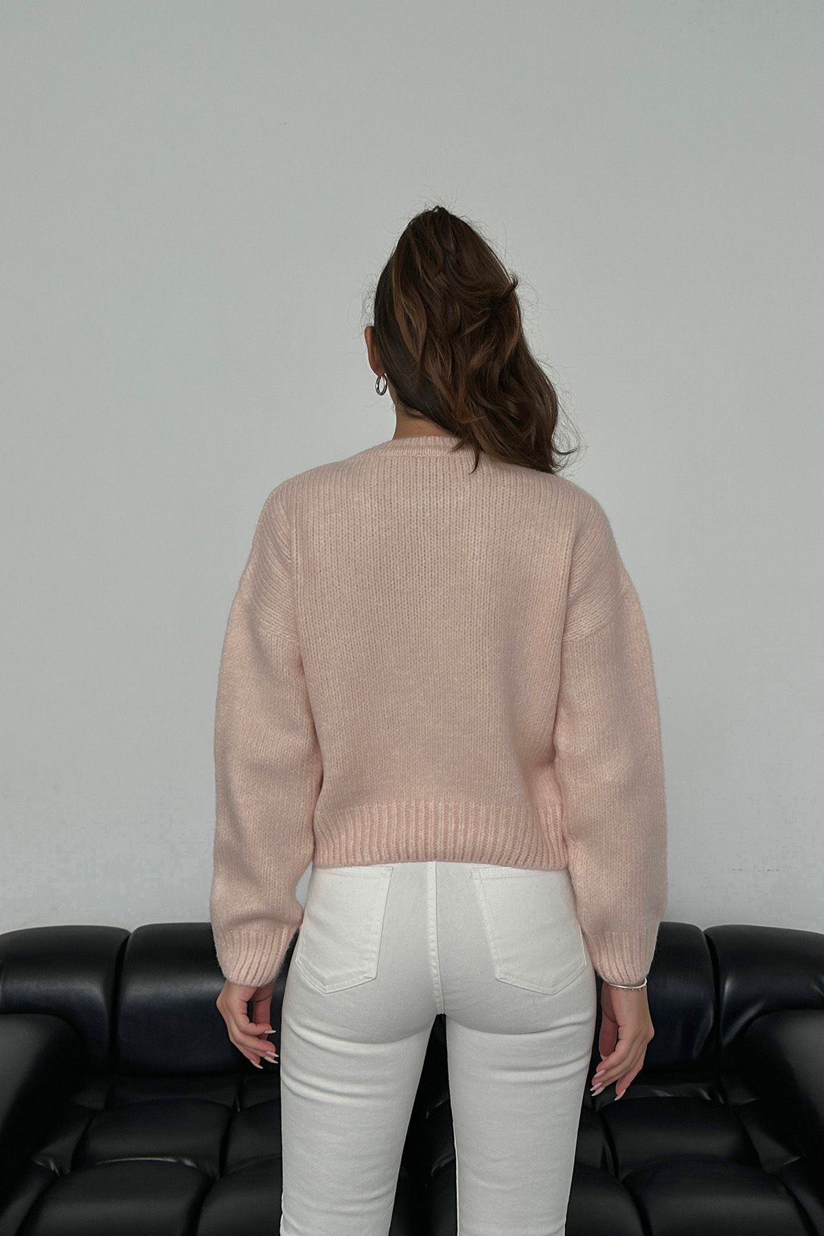 Azef  Yumuşak Dokulu Bisiklet Yaka Crop Triko Kazak - Görsel 2