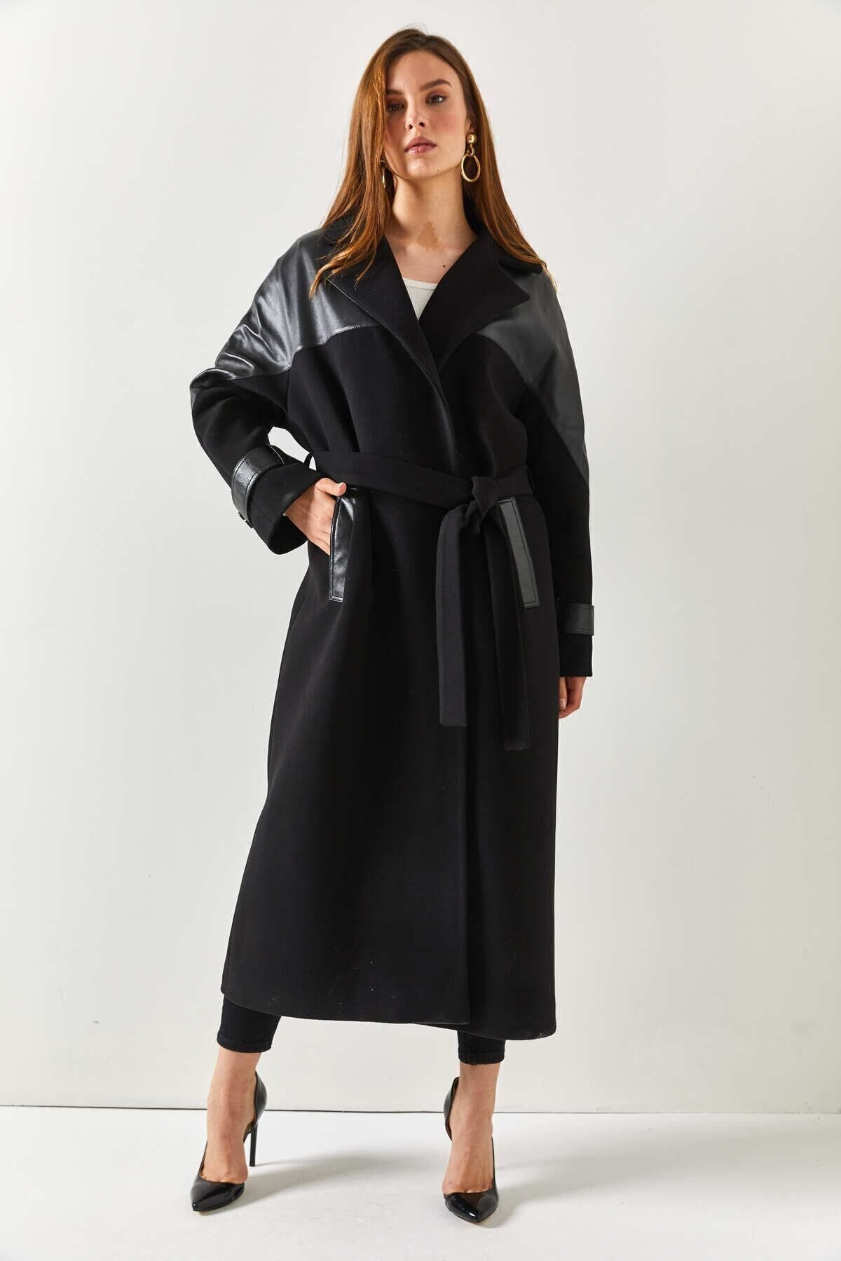 DOGGİ  Bayan Kışlık Kaşmir Palto, Uzun Siyah Yün Kaban, Bayan Kışlık Deri Palto, Kadın Kışlık Kaşmir Mont - Görsel 5