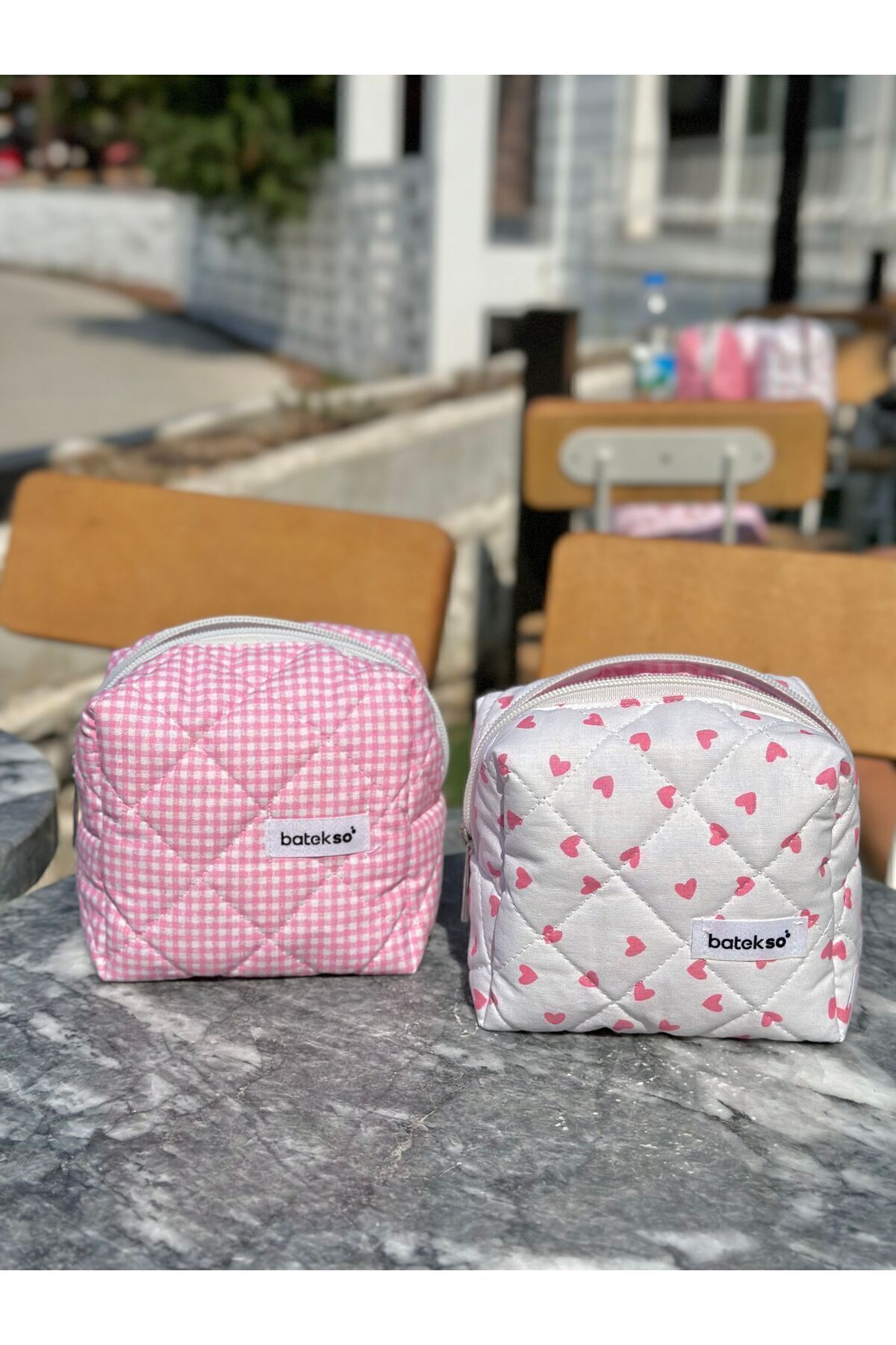 2li Mini Pembe Kalp Ve Pembe Kare Desenli Makyaj Çantası - Küçük Boy