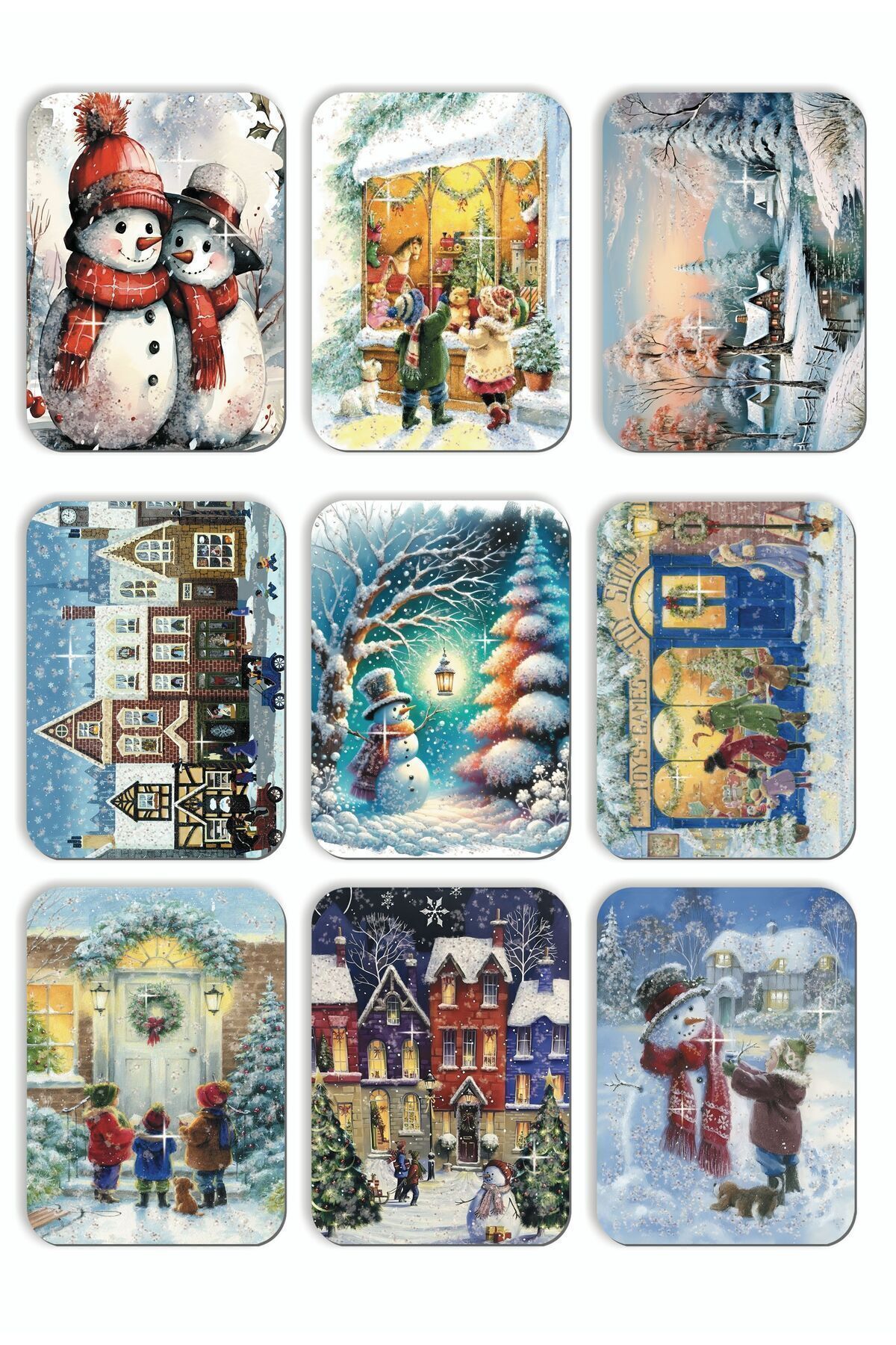 Mia Pera 9lu Simli Yılbaşı Kartpostal Seti Yeniyıl Manzara Kardan Adam Nostalji