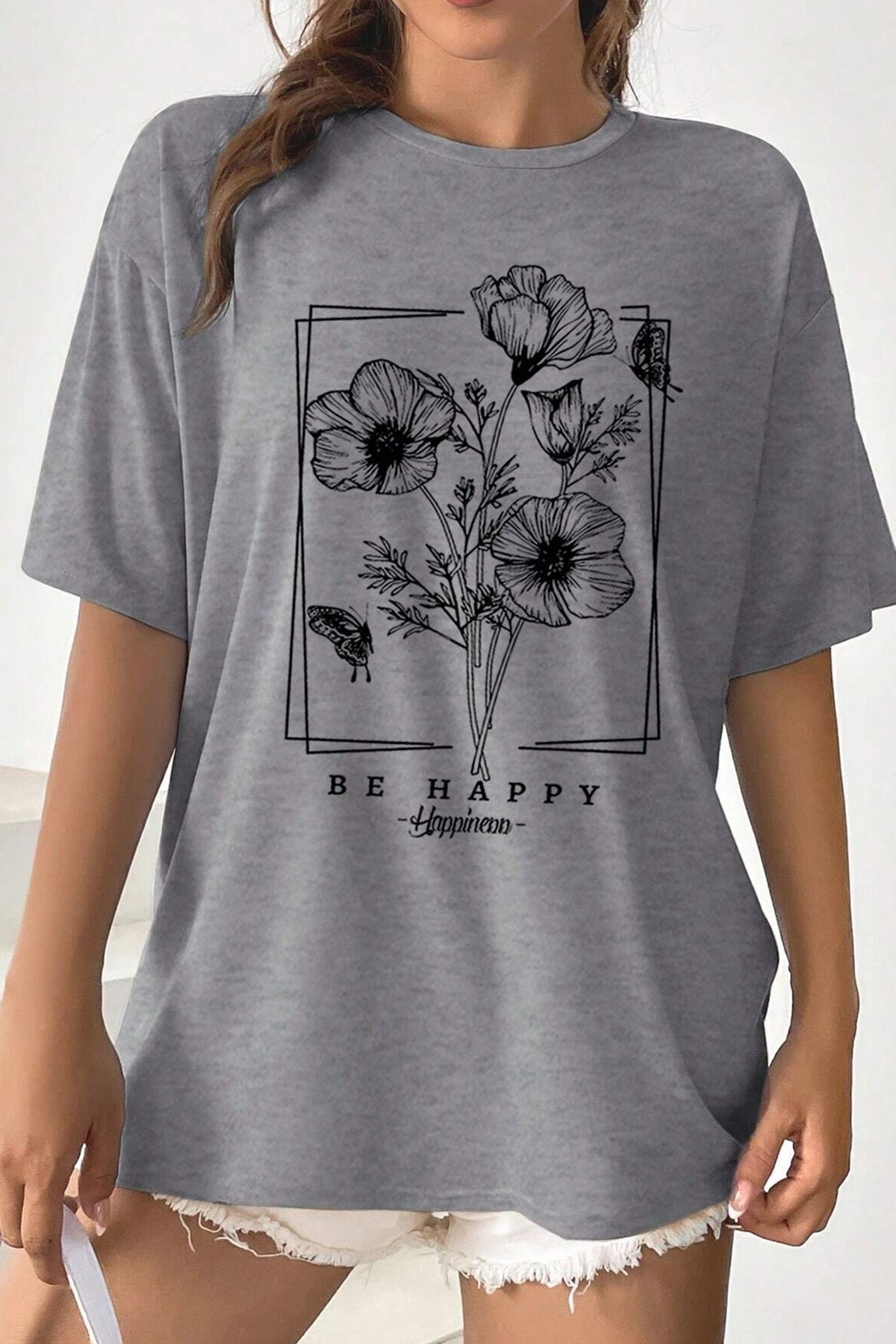 uyguntarz-Übergroßes Unisex-T-Shirt mit „Be Happy“-Aufdruck 3