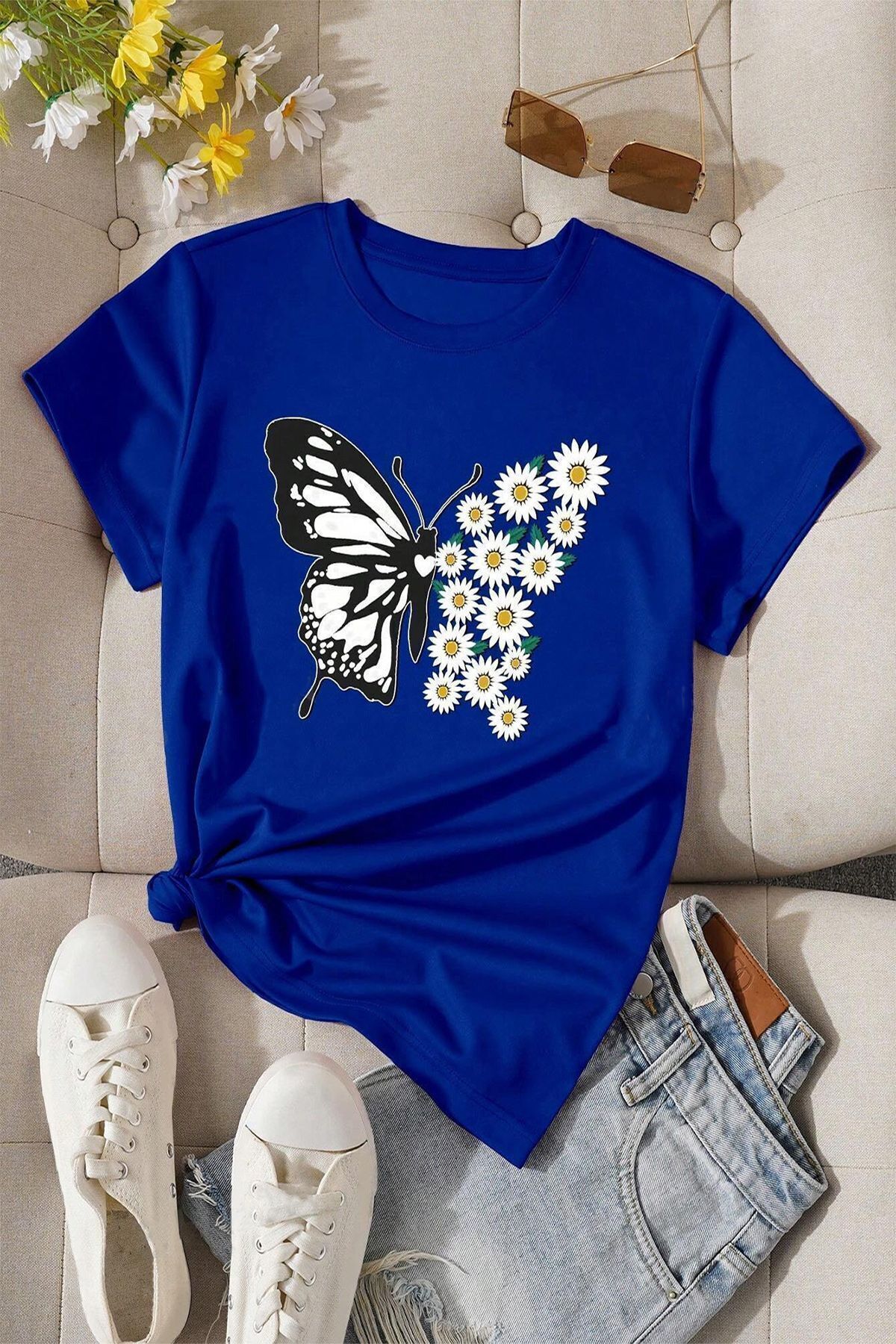uyguntarz Baumwoll-T-Shirt mit Gänseblümchen-Schmetterlings-Design