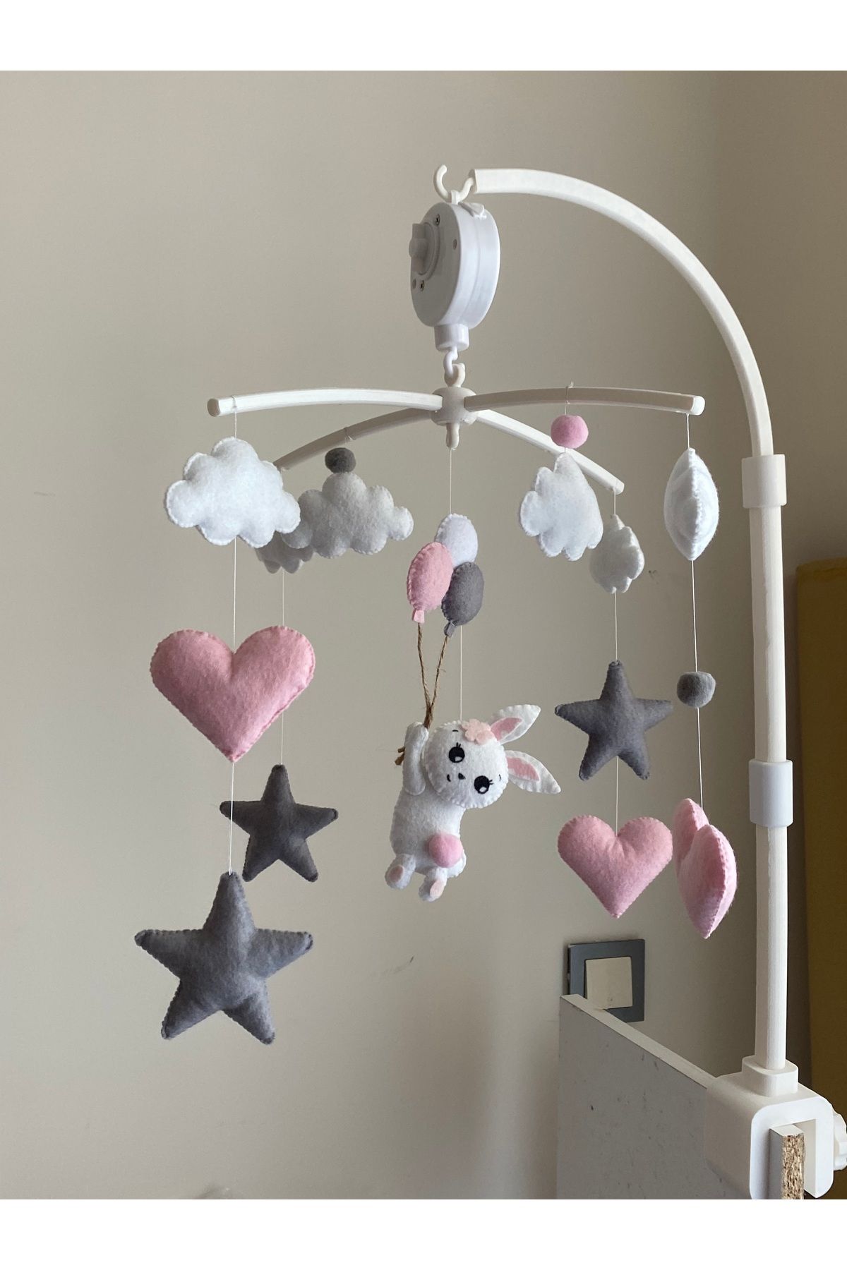 SefDen Lazer Kesim Atölyesi (Müzik - Aparat Dahil)Tavşan figürlü pembe gri el yapımı kız bebek beşik dönencesi fotoğrafı 6 (önizleme)