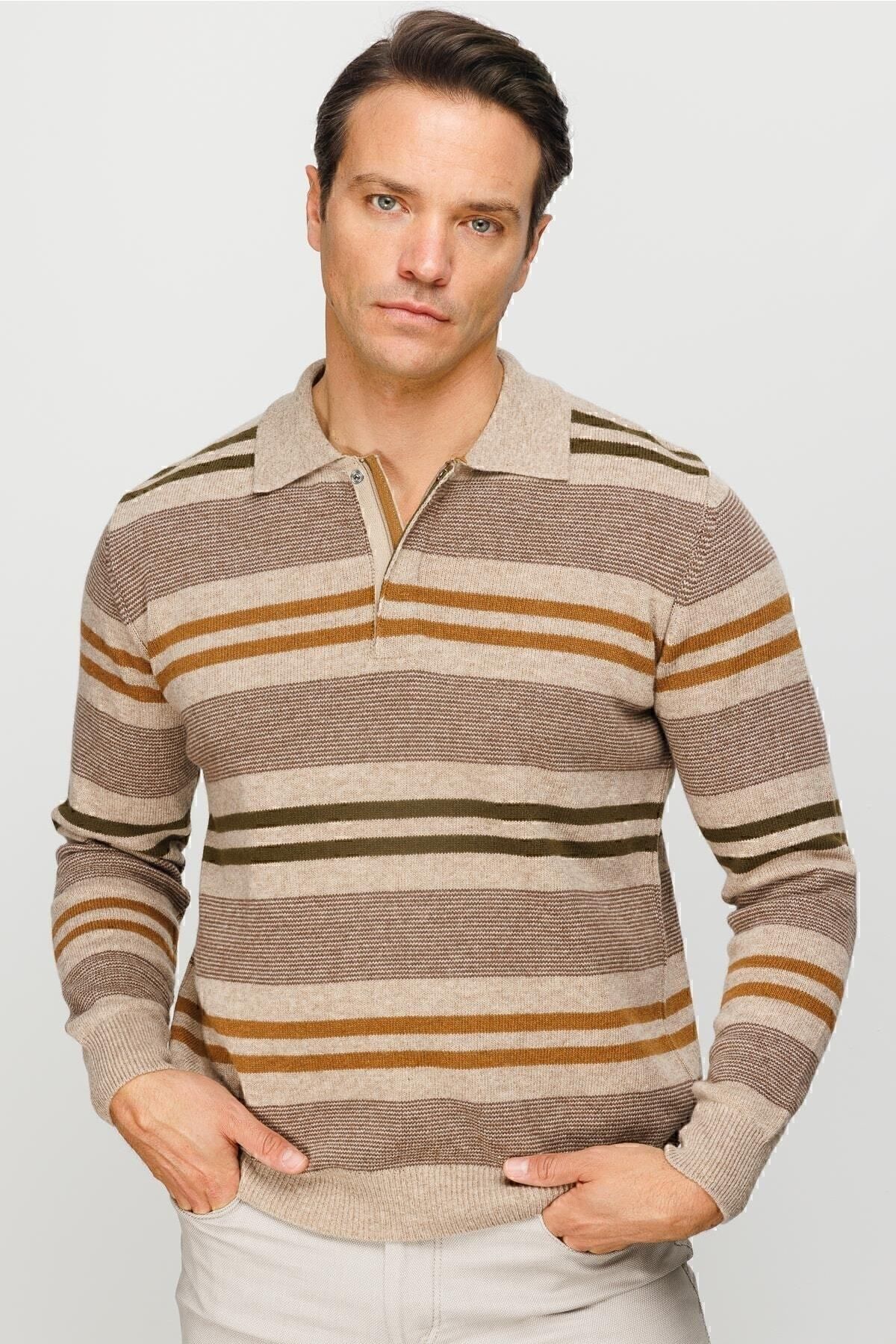 Desen Triko-Pulover de lână groasă cu guler polo cu dungi colorate bej închis 7