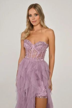 ALFABETA Straplez Yırtmaçlı Katlı Beli Transparan Tül Elbise