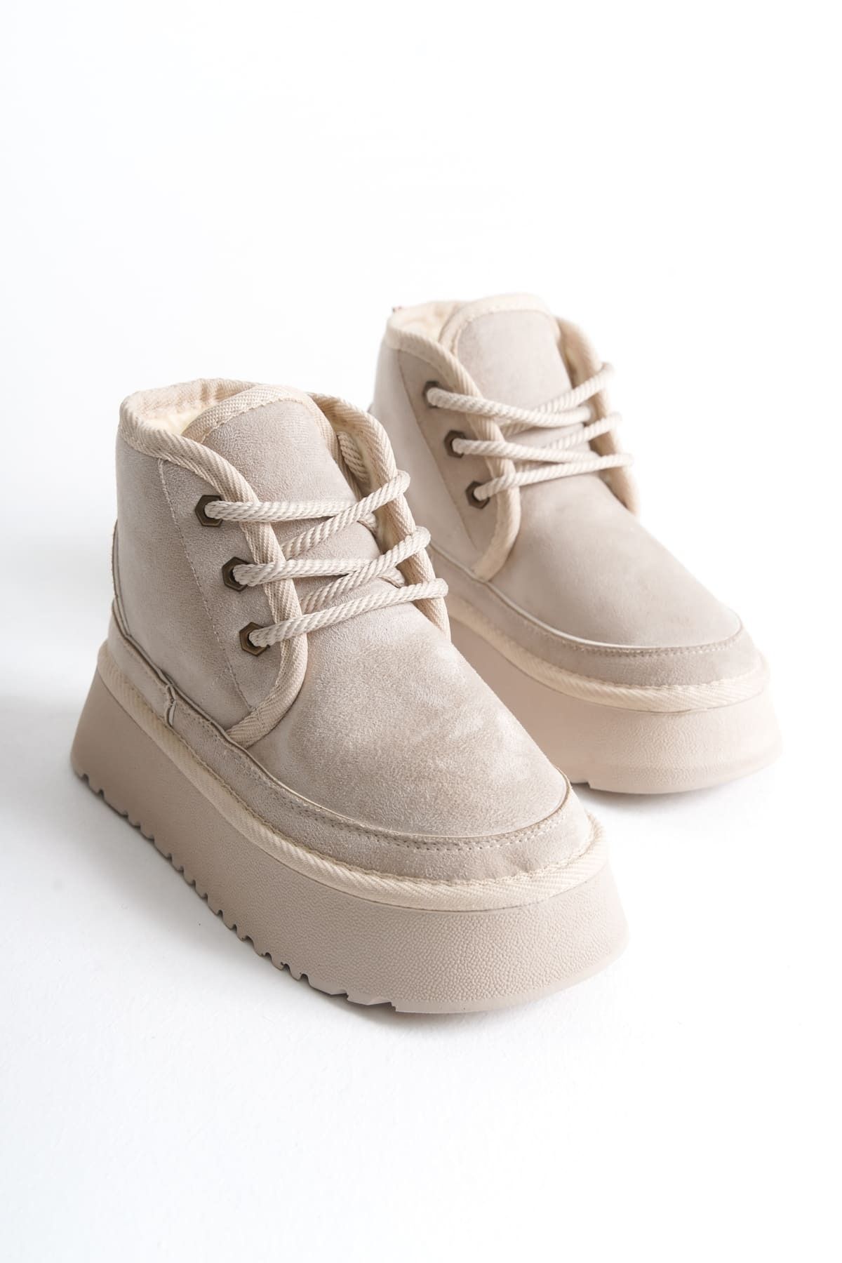 TRENDELLA Zimní béžové kozačky – dámské, chlupatá silná podrážka