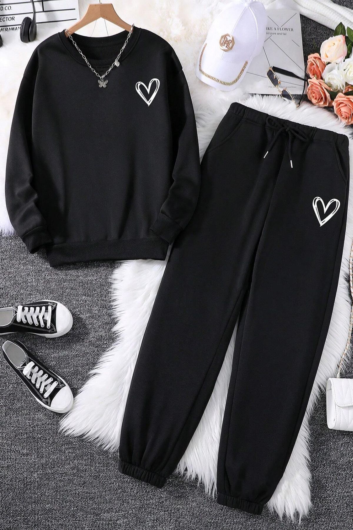 uyguntarz Unisex-trainingsanzug-set Mit Herz-aufdruck für Jugend Unisex - S/M