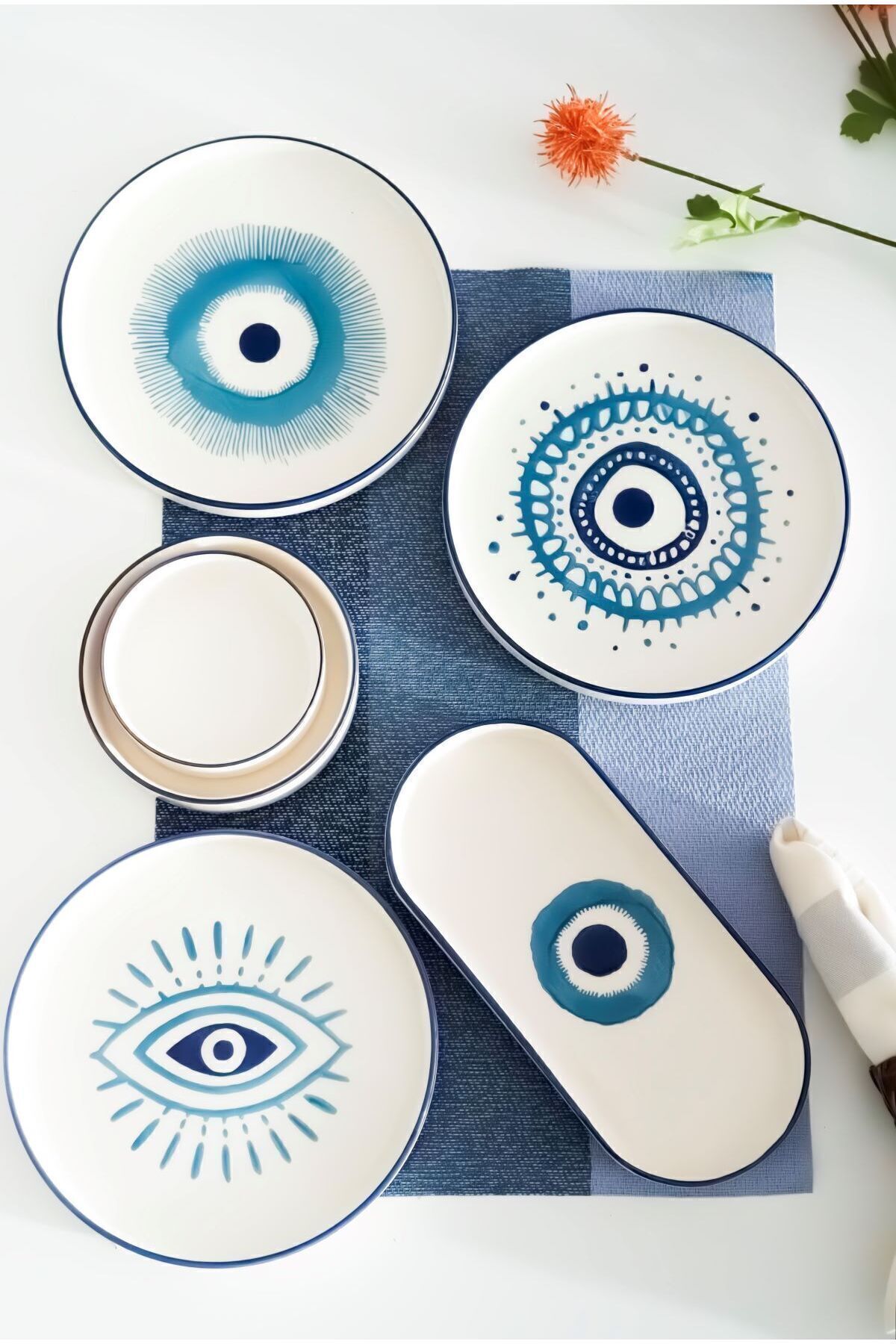 Kevin Seramik-Hand Made 14 Pieces Special Design Stackable Breakfast Set with Evil Eye Beads for 6 Persons, Tableware Set 5
