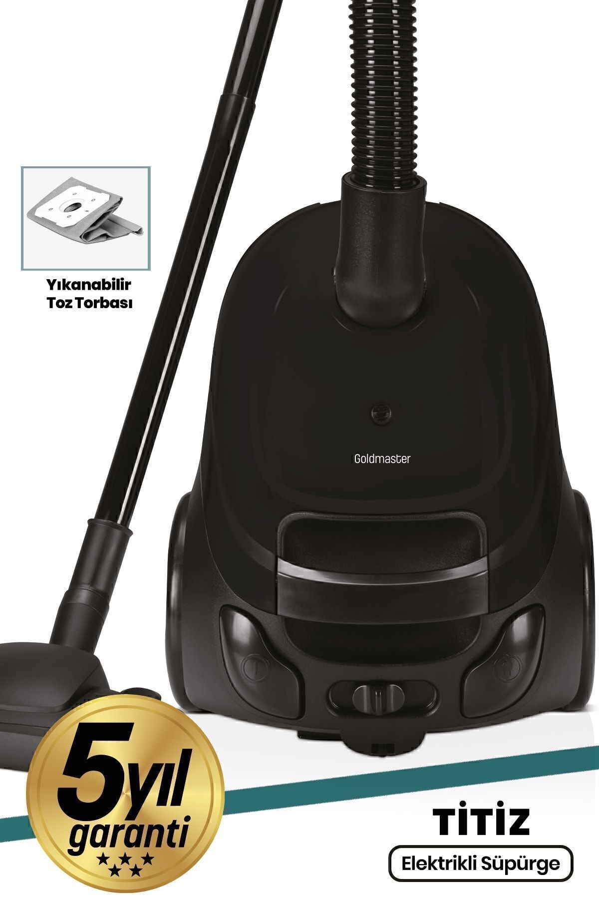 GOLDMASTER Titiz Siyah Yıkanabilir Toz Torbalı 2,5 litre Kapasiteli 5 Yıl Garantili Elektrikli Süpürge