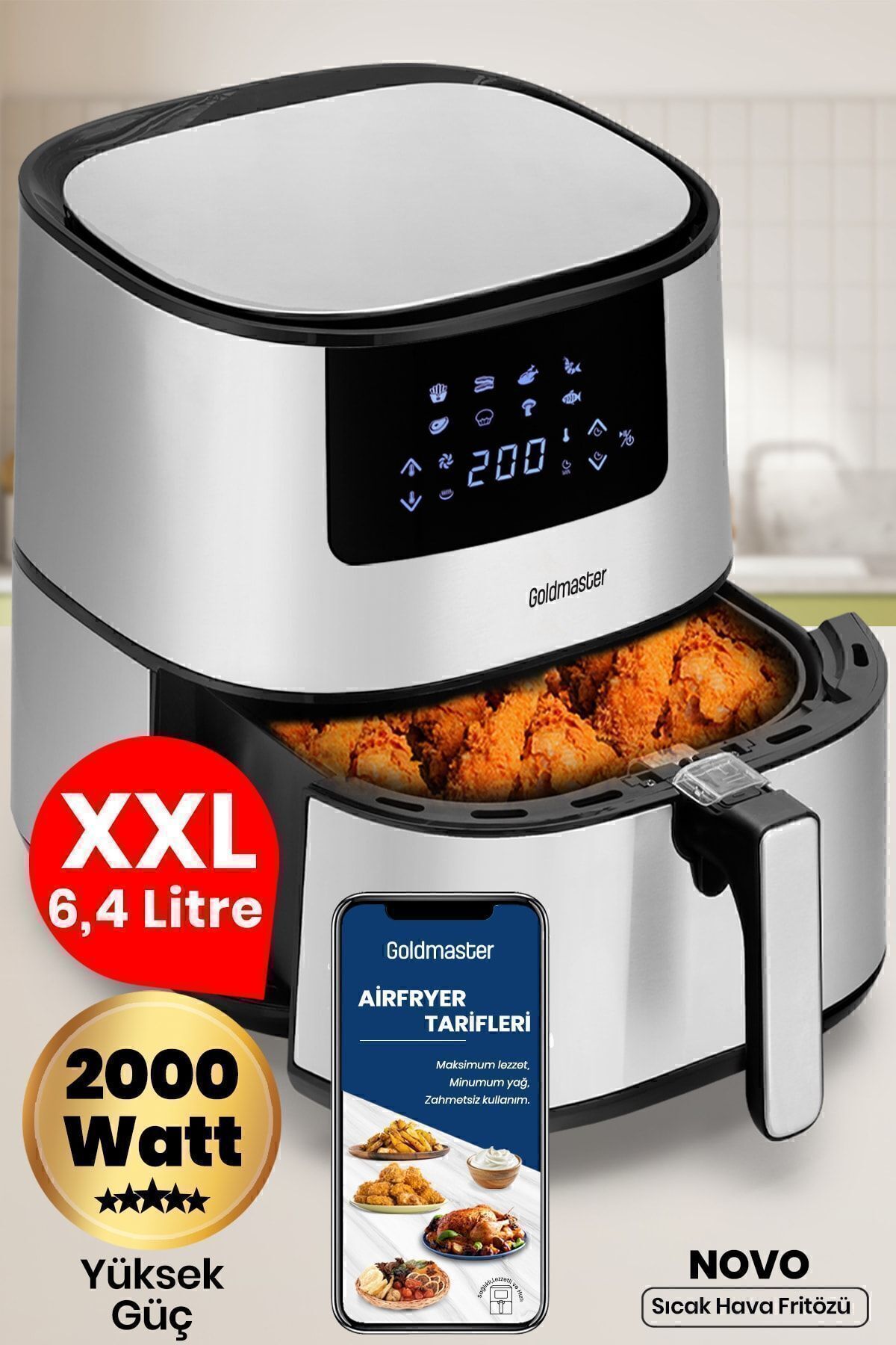 GOLDMASTER Novo 2000 Watt Yüksek Güç 6,4 Litre Inox Geniş Xxl Dokunmatik Airfryer Yağsız Sıcak Hava Fritözü