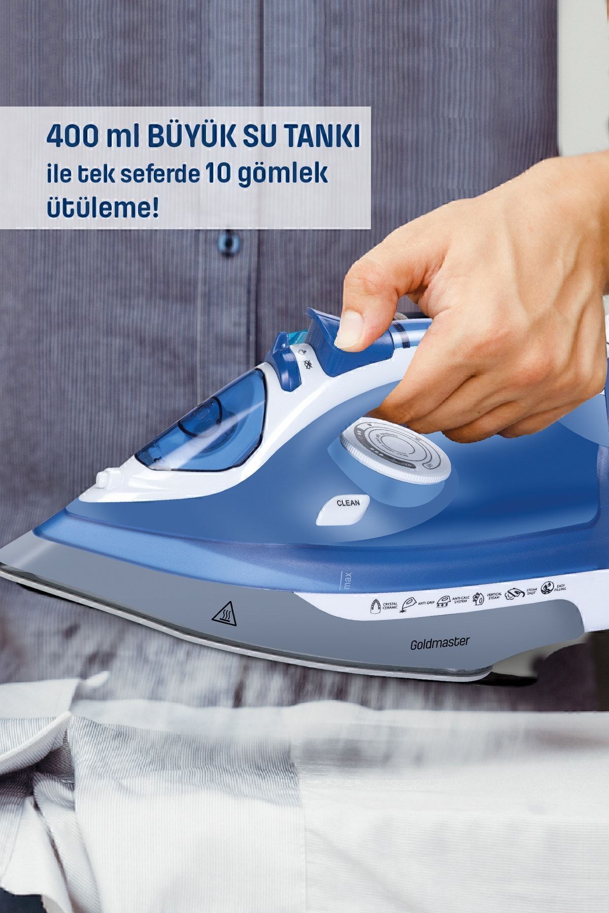 GOLDMASTER-Maxipress Blue 2200 Watt Ceramic Soleplate 160 gr Shock Steam Iron 4