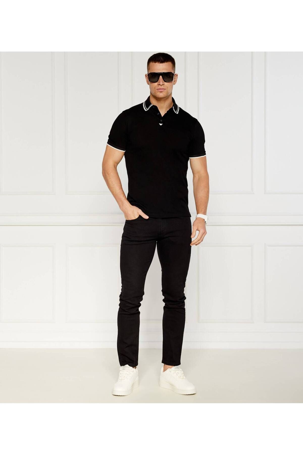 تی شرت یقه پولو مردانه آستین کوتاه نخی با یقه چوگان معمولی 6D1F65 1JTKZ-01C6 Emporio Armani
