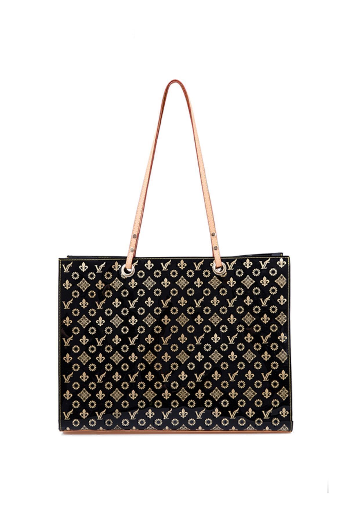 louis valentina Plaj Çantası Kadın Siyah Şeffaf Suni Deri Saplı Içcepli Beach Bag El Çantası görsel 6