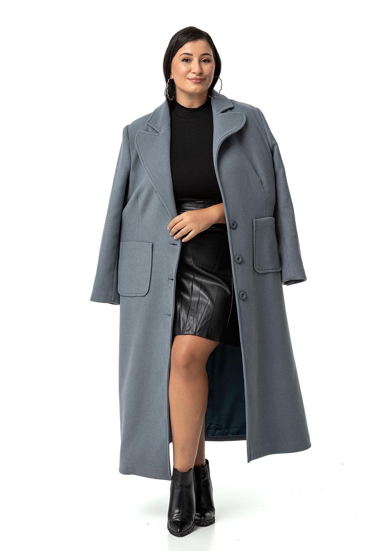 DISENTIS MODEST-Μακρύ μπλε παλτό με κασμίρ - Plus Size, Τσέπη τσάντας και επένδυση 2
