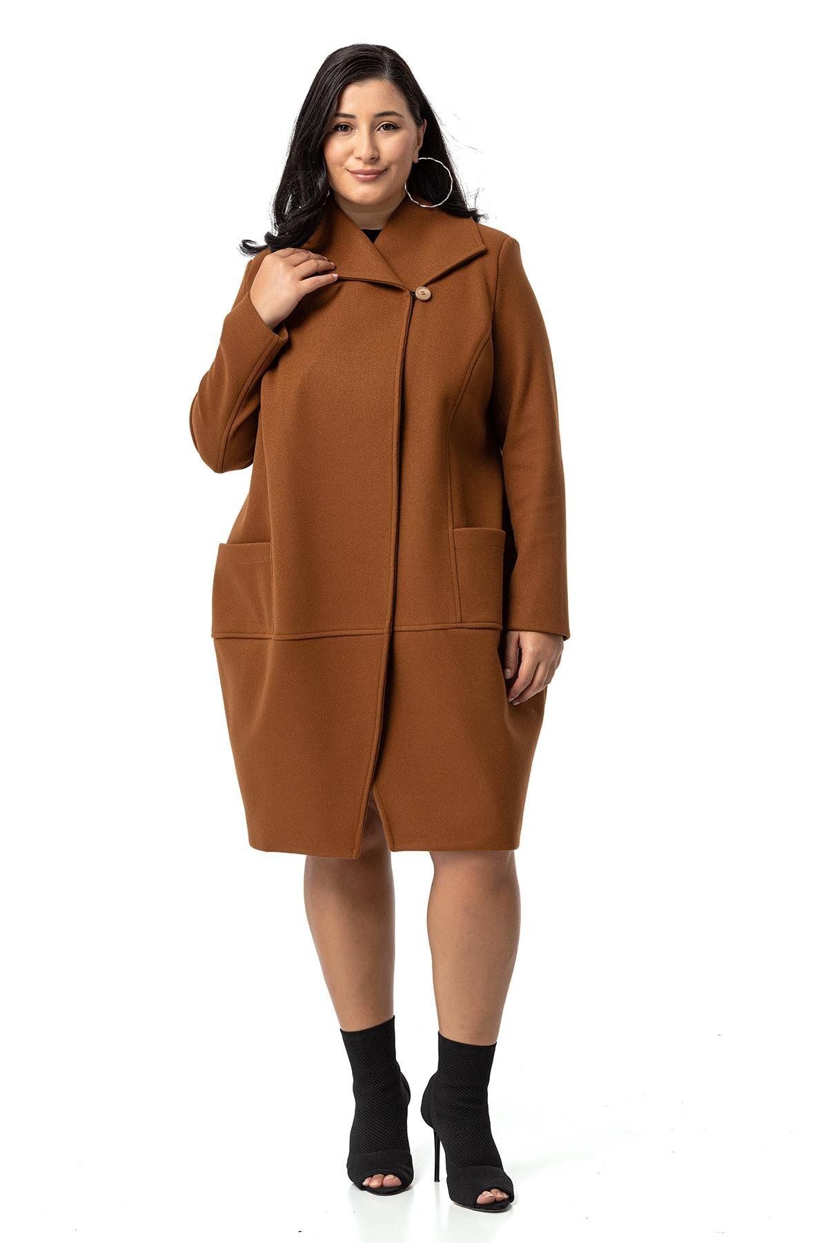 DISENTIS MODEST Büyük Beden Torba Cepli Tek Düğmeli Astarlı Kahverengi Kaşe Kaban