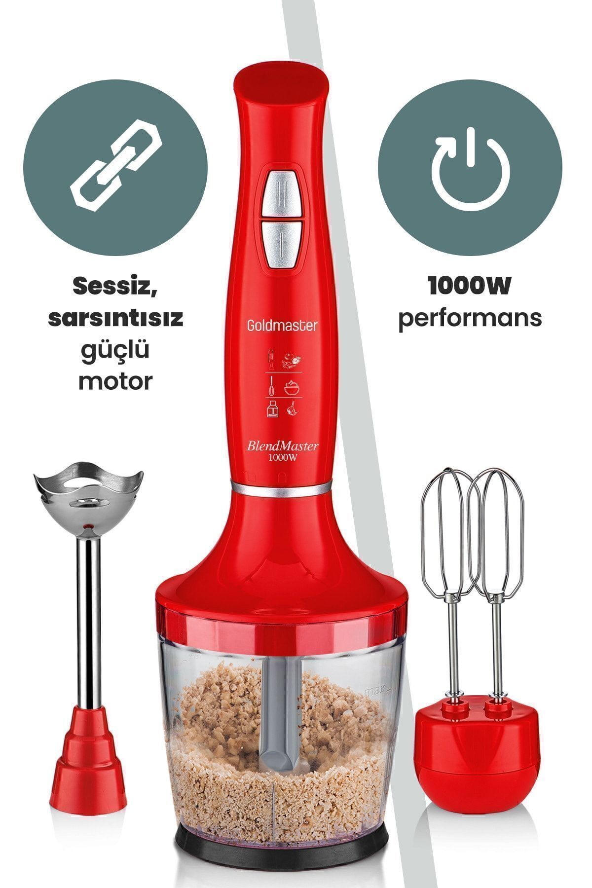 GOLDMASTER-Blendmaster Red 1000 Watt Silent Speed Adjustable 3 In 1 Chopper Mixing Blender Set 4