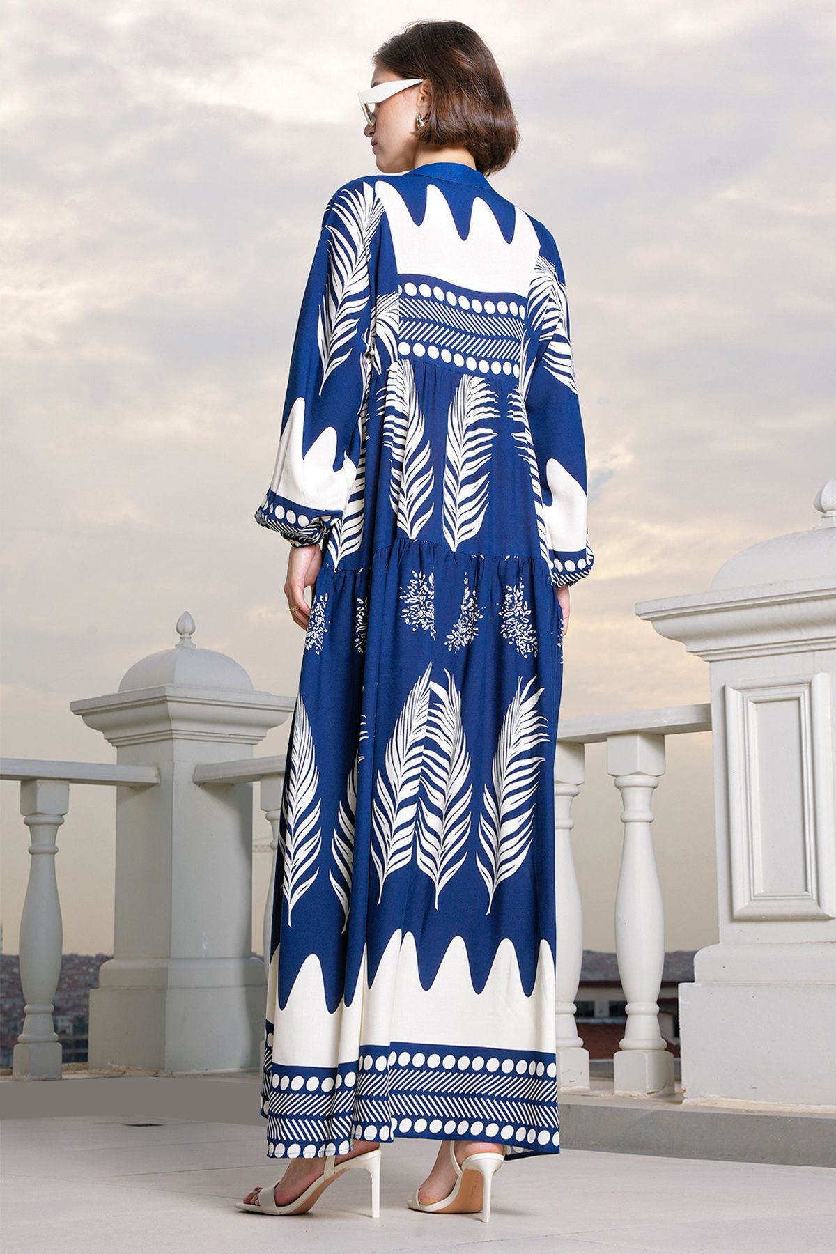 Bigdart-2423 Model Authentic Patterned Navy Blue Dress 5