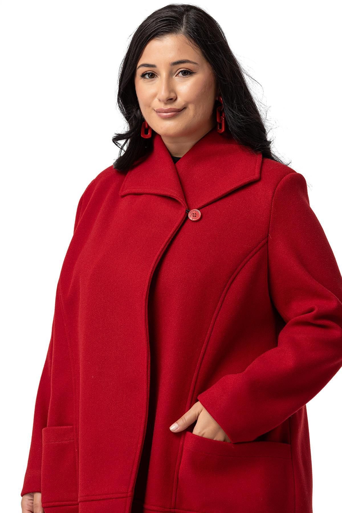 DISENTIS MODEST-Red Stamp Coat - Large Size, Bag Pocket, Single Button and Lined 4