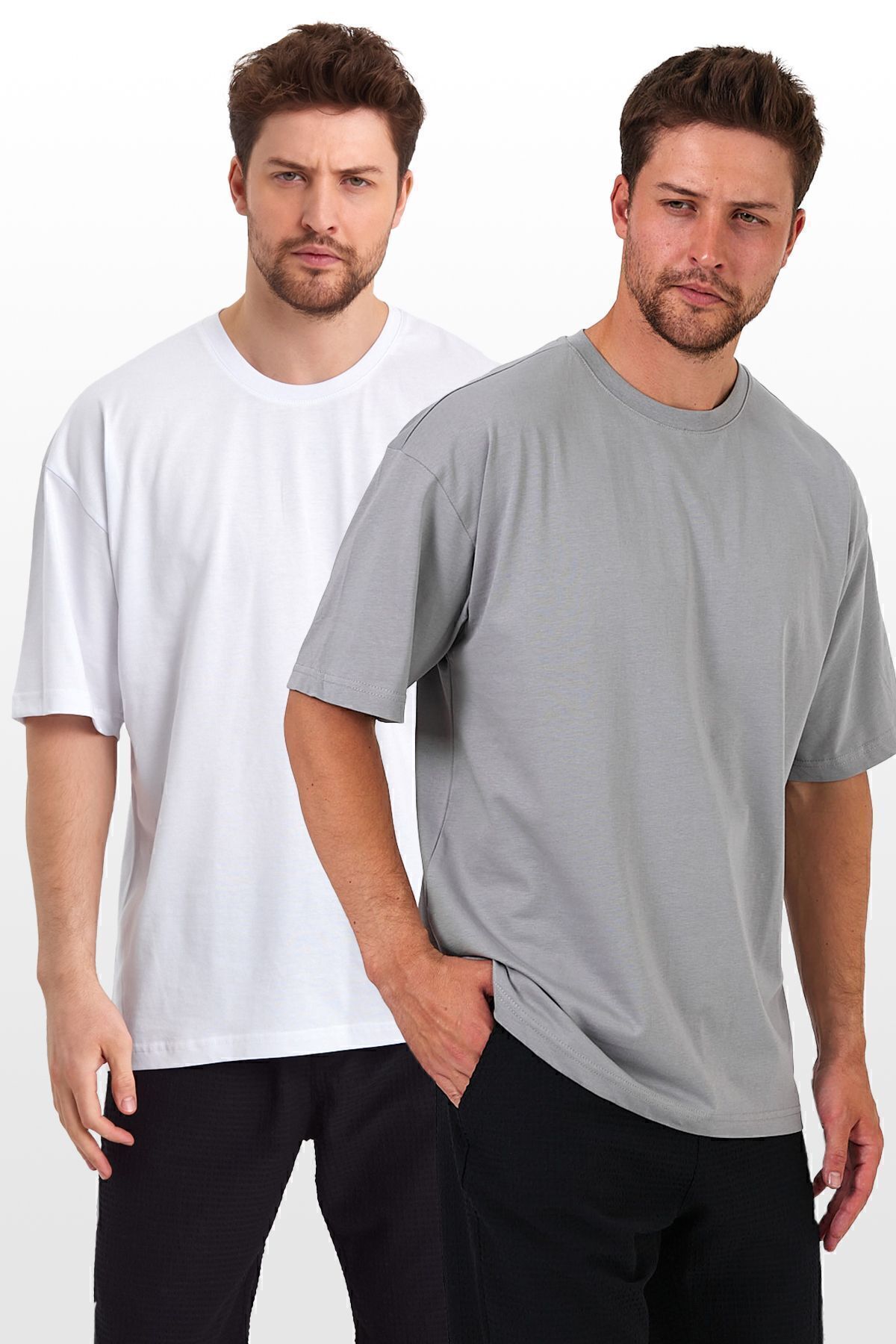 Erkek Beyaz - Gri Oversize Fit Bol Kesim Bisiklet Yaka %100 Pamuk Basic 2'li Tişört Paketi