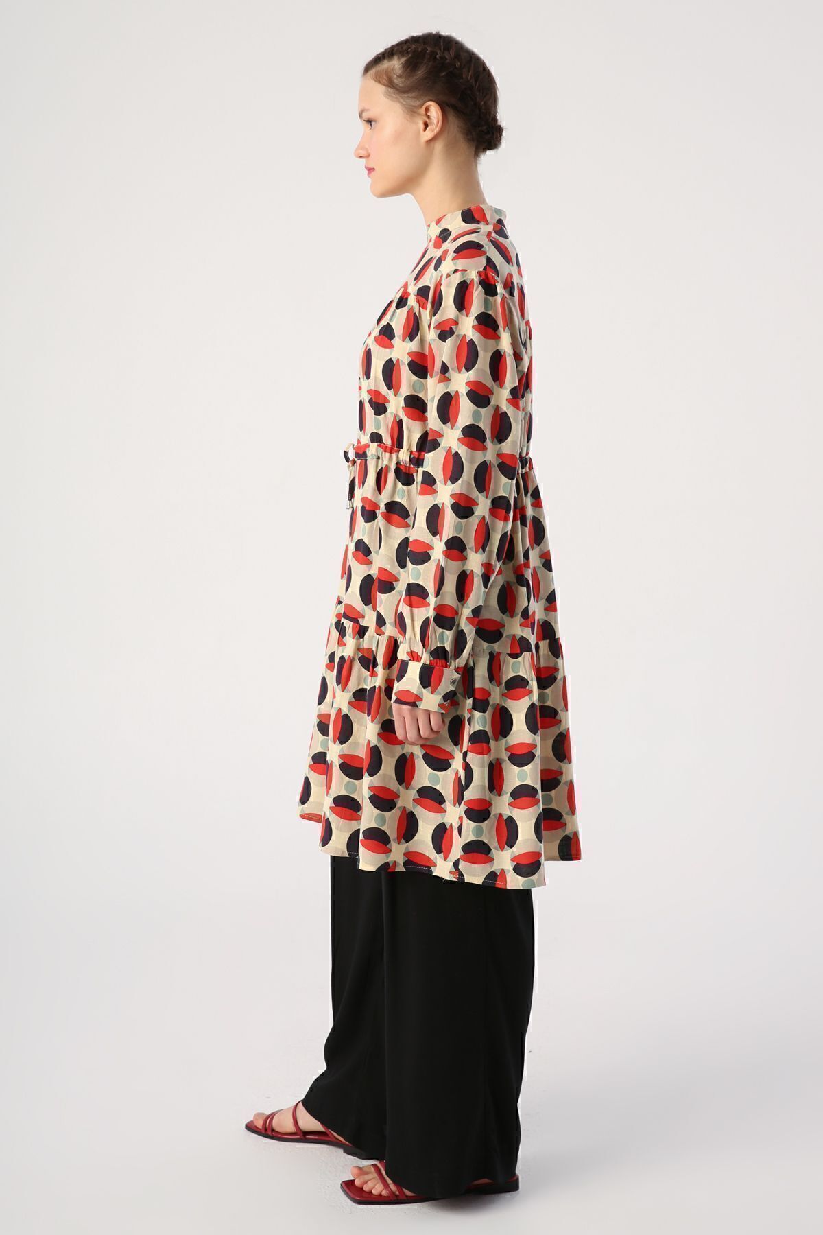 ALLDAY-Ecru-red High Collar Patterned Tunic with Gather Detail at Waist 3