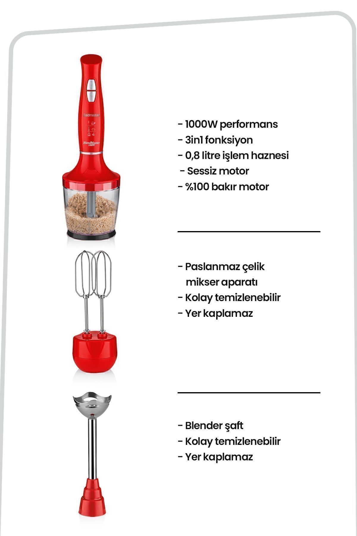 GOLDMASTER-Blendmaster Red 1000 Watt Silent Speed Adjustable 3 In 1 Chopper Mixing Blender Set 7