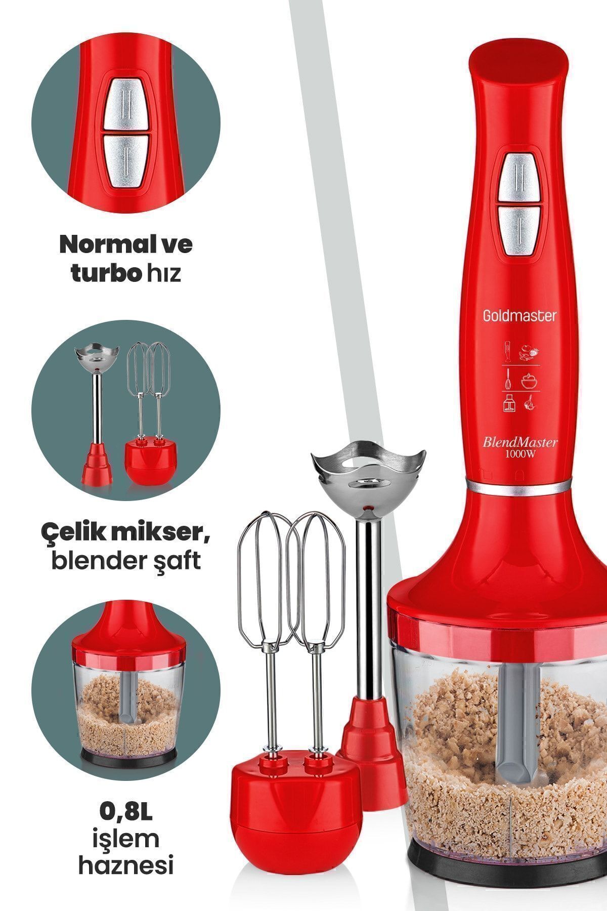 GOLDMASTER-Blendmaster Red 1000 Watt Silent Speed Adjustable 3 In 1 Chopper Mixing Blender Set 3