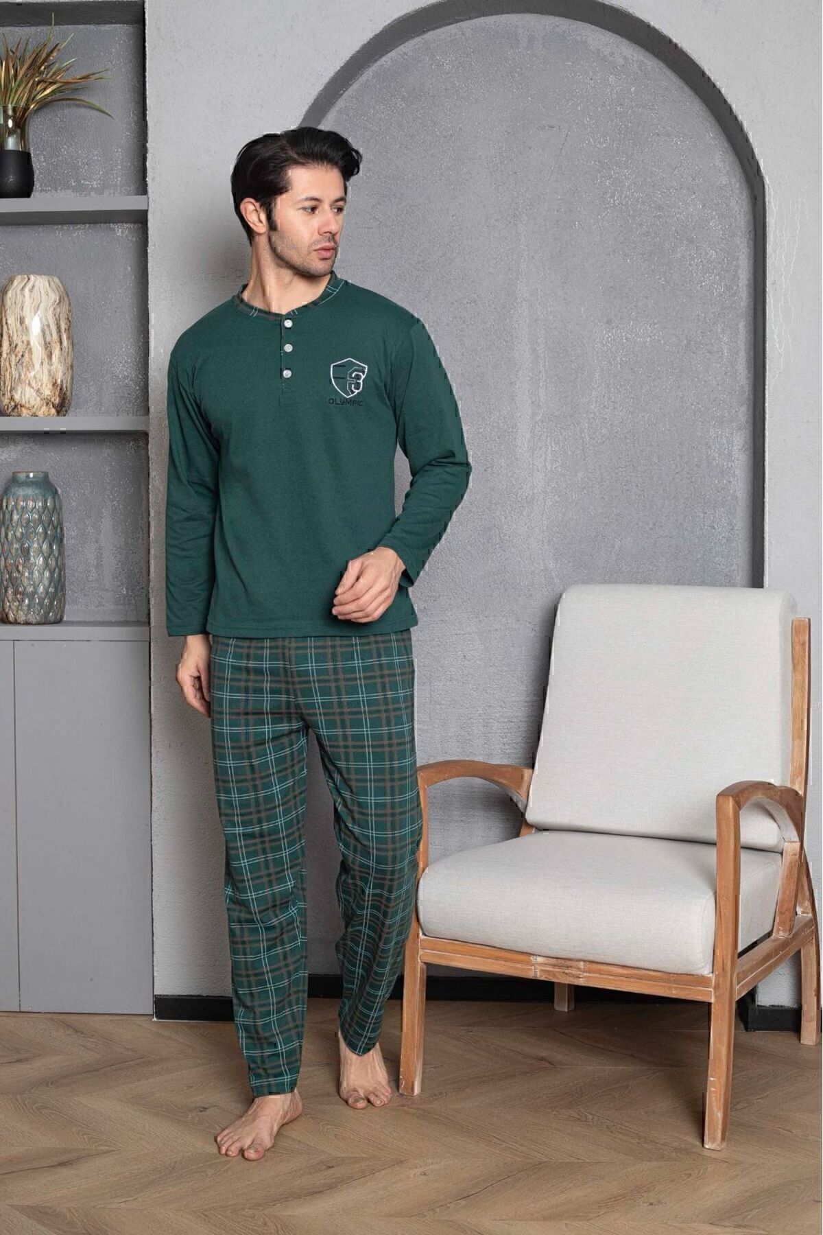 پيژامه مردانه چهارخانه آستين بلند  Moon Line سبز