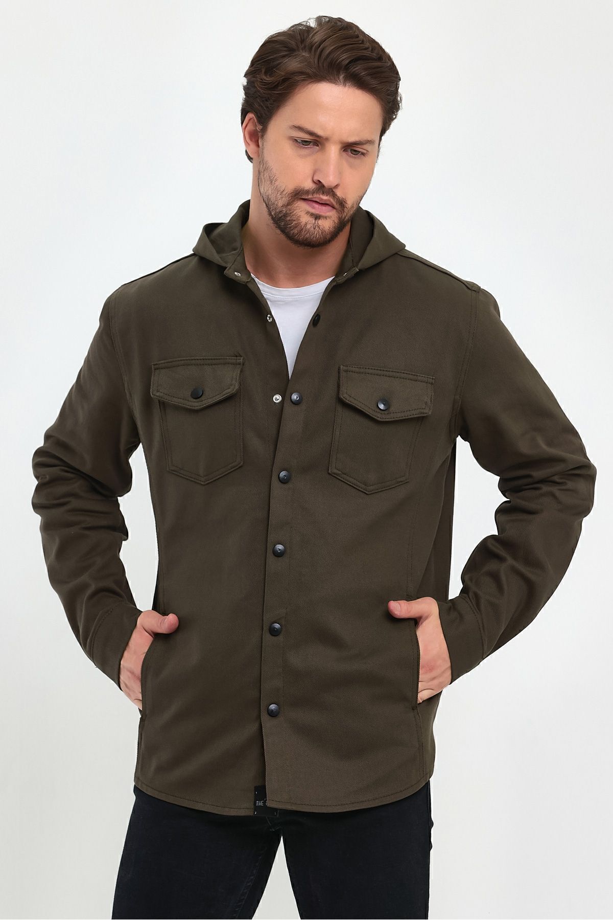THE RULE-Men's Khaki Regular Fit Hooded Denim Jacket with Snap Button Detail 3