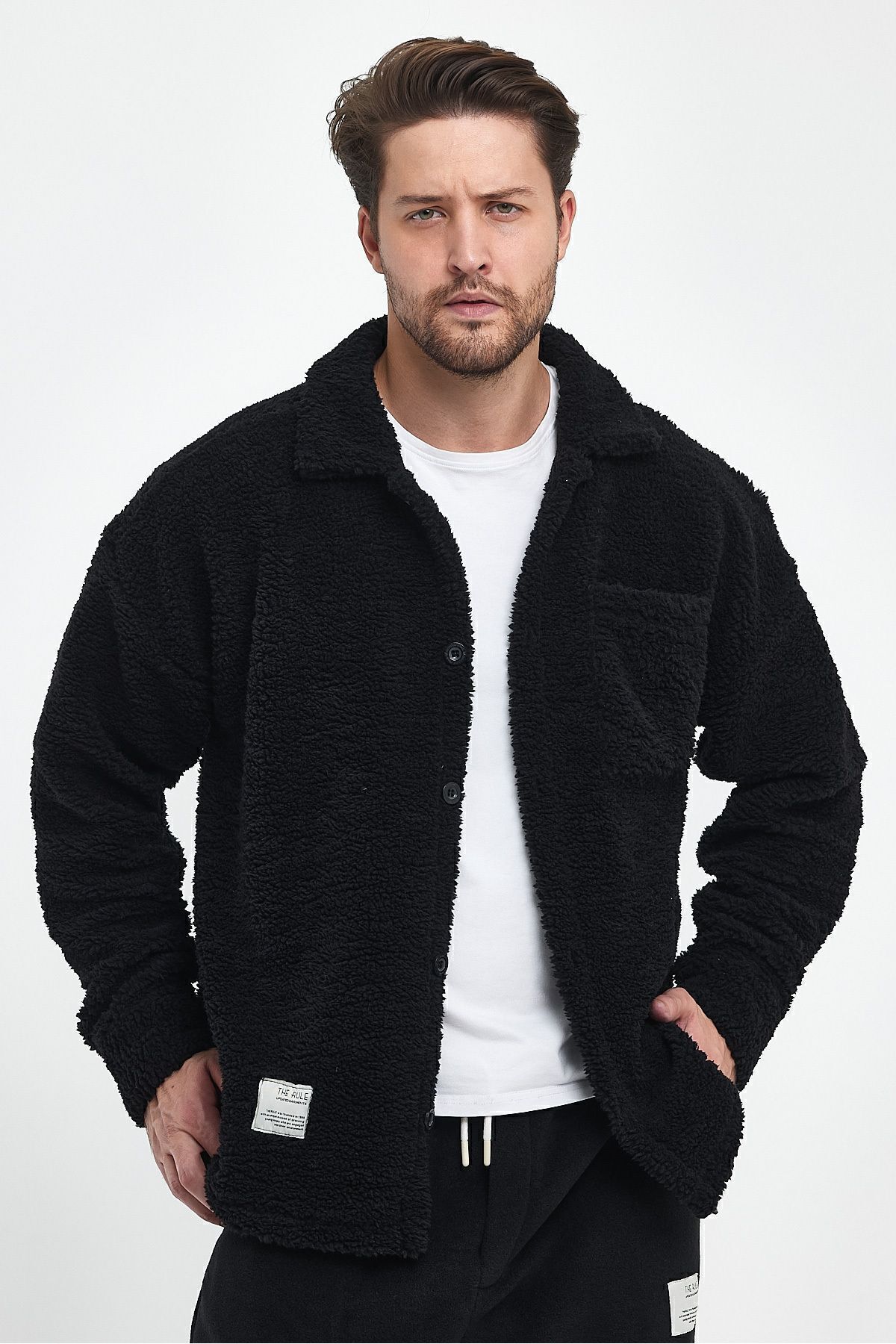 THE RULE Erkek Siyah Peluş Oversize Fit Gömlek Yaka Kışlık Rahat Tek Cepli Ceket görsel 4
