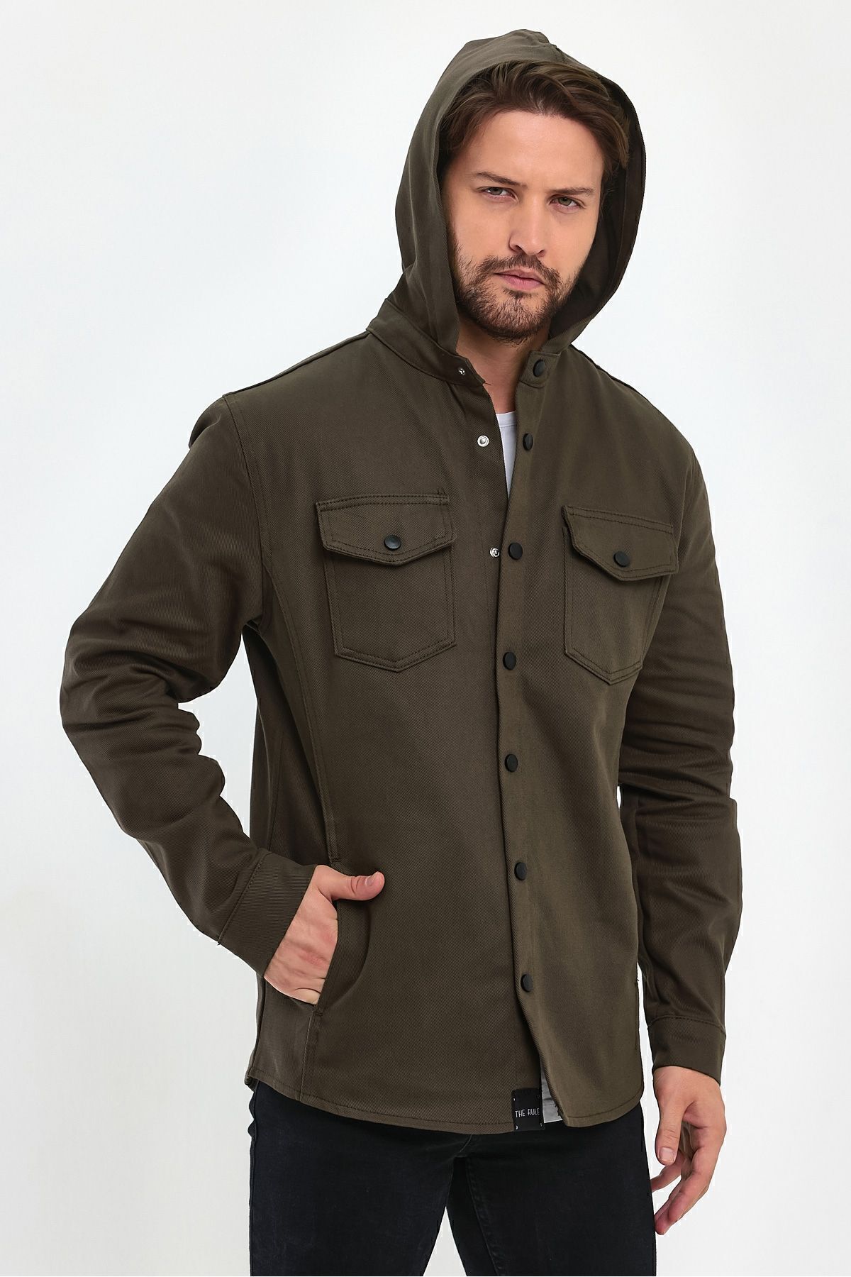 THE RULE-Men's Khaki Regular Fit Hooded Denim Jacket with Snap Button Detail 5