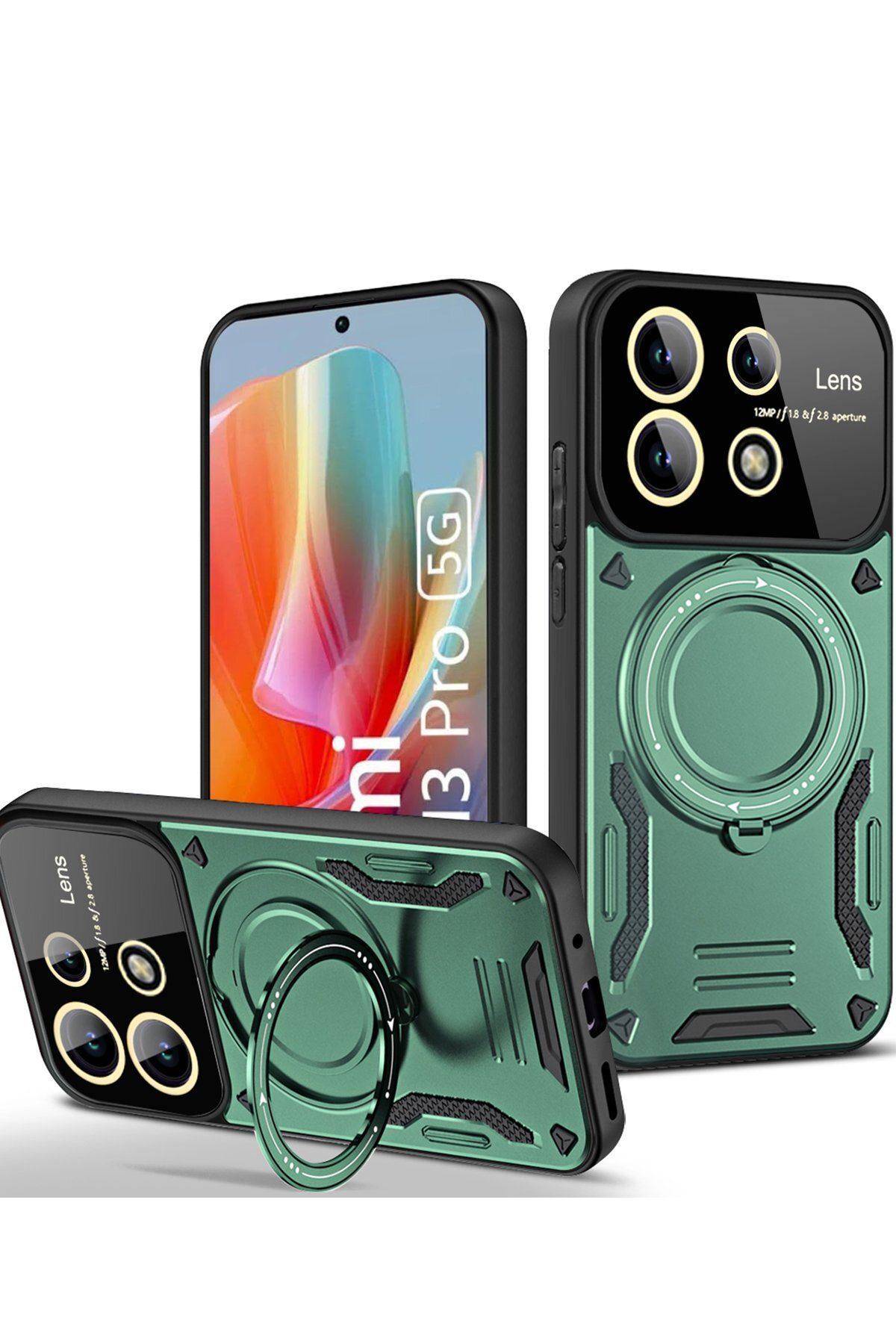 NewFace Xiaomi Redmi Note 13 Pro 4G Kılıf Joy Lens Standlı Kapak - Koyu Yeşil FLKRY