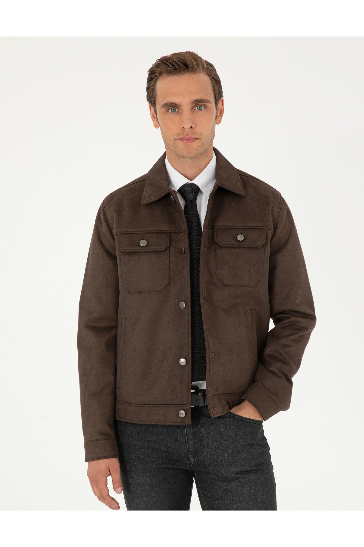ژاکت چرم مصنوعی یقه پیراهن قهوه‌ای 50300520-400 پیر کاردین کت Pierre Cardin