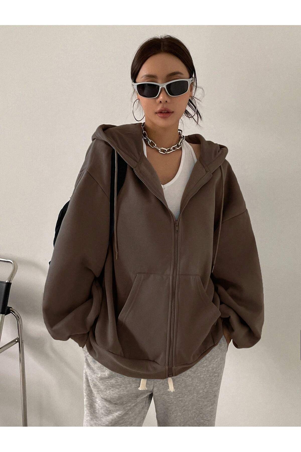 FoxSkin Sportswear&Company Baskısız Fermuarlı Kışlık Hırka - Kahverengi Oversize Şardonlu Kapüşonlu