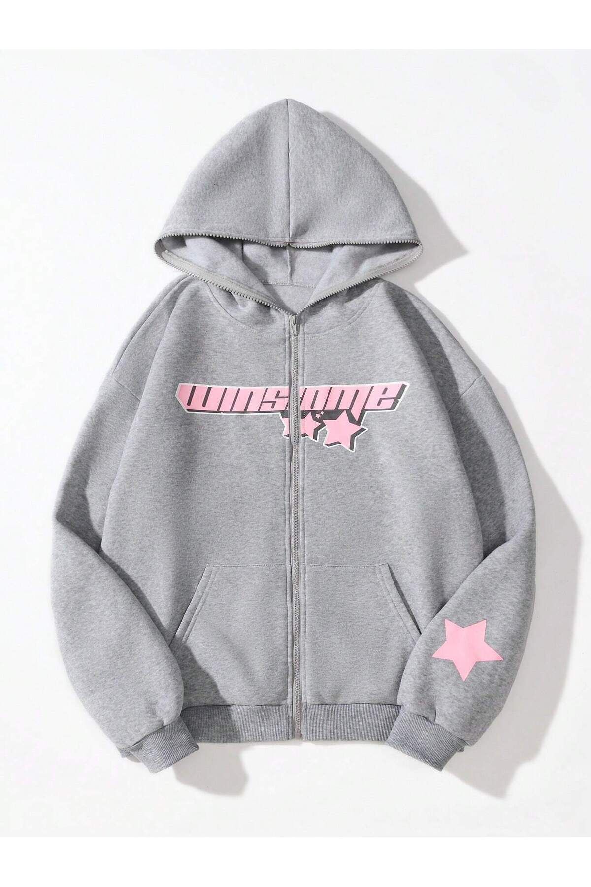 FoxSkin Sportswear&Company Winsome Star Fermuarlı Kışlık Hırka - Gri Baskılı Oversize Şardonlu Kapüşonlu