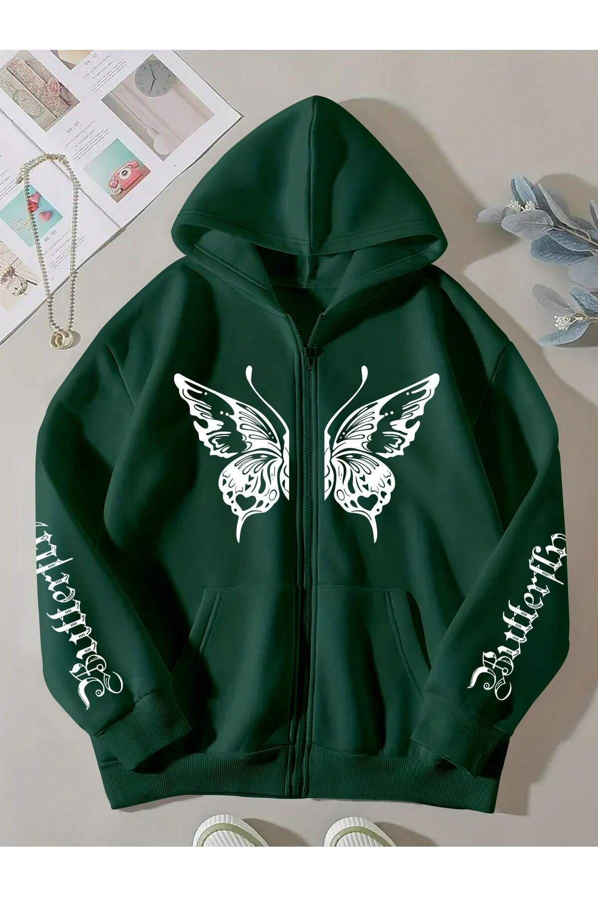 FoxSkin Sportswear&Company Butterfly Detaylı Fermuarlı Kışlık Hırka - Nefti Yeşil Baskılı Oversize Şardonlu Kapüşonlu