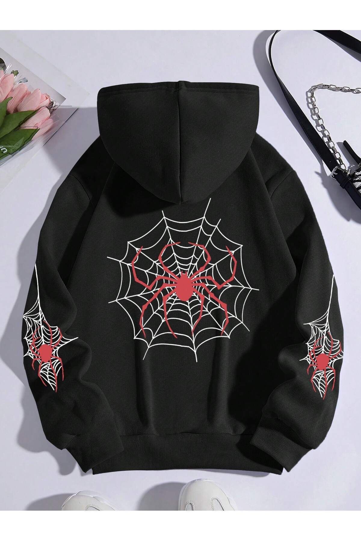 FoxSkin Sportswear&Company Örümcek Kol Detay Kalın Kışlık Sweatshirt - Siyah Baskılı Oversize Şardonlu Cepli Kapüşonlu