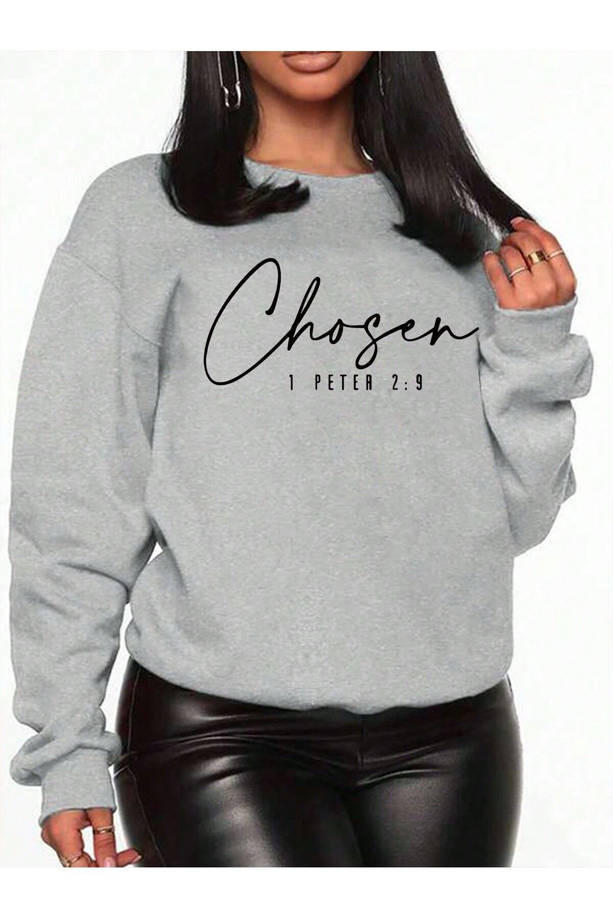 FoxSkin Sportswear&Company Chosen Peter Kışlık Sweatshirt - Gri Baskılı Oversize Şardonlu Bisiklet Yaka
